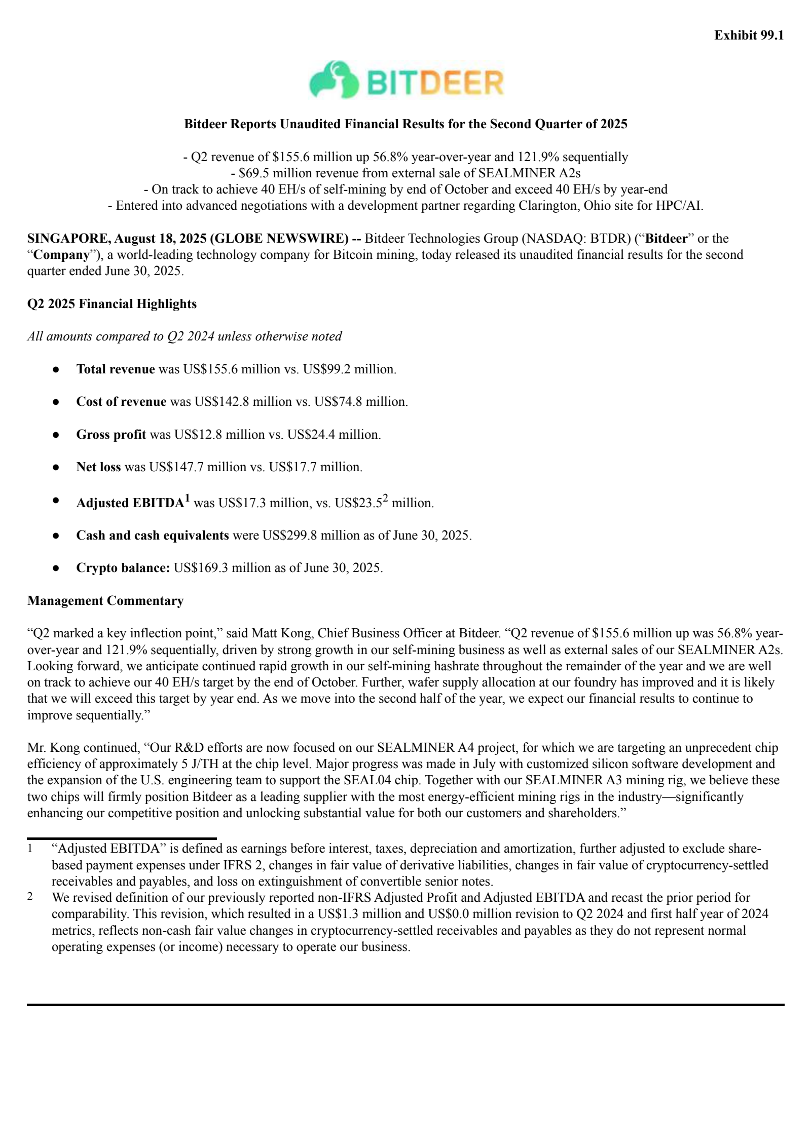 Bitdeer Technologies Group's Q2 2025 Press Release