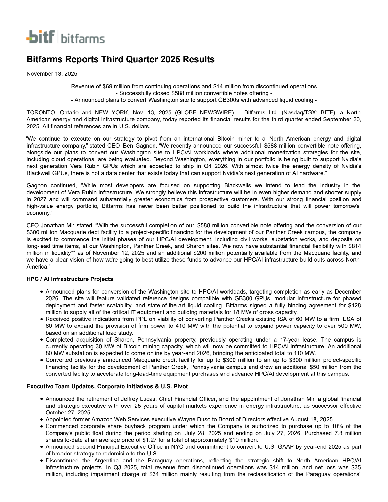 Bitfarms' Q3 2025 Earnings Release