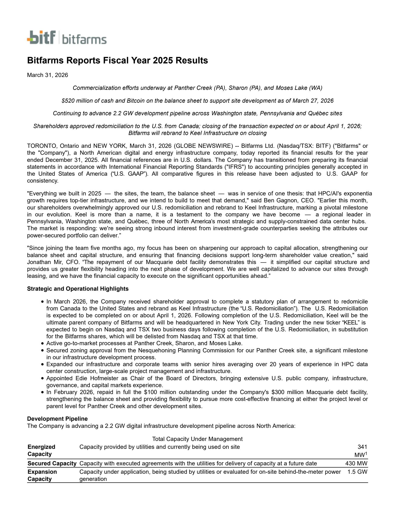 Bitfarms' Q4 2025 Press Release