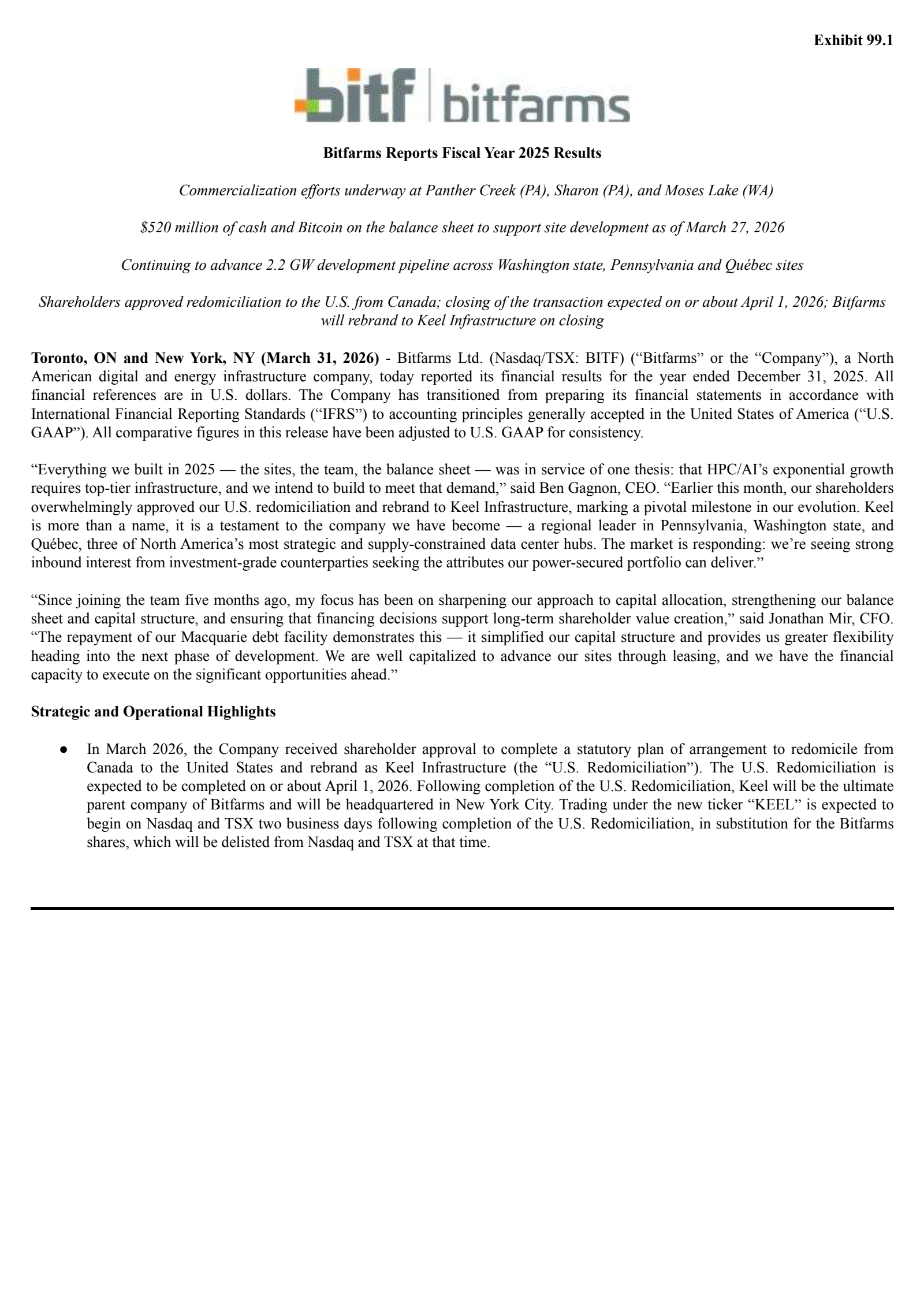 Bitfarms' Q4 2025 Press Release