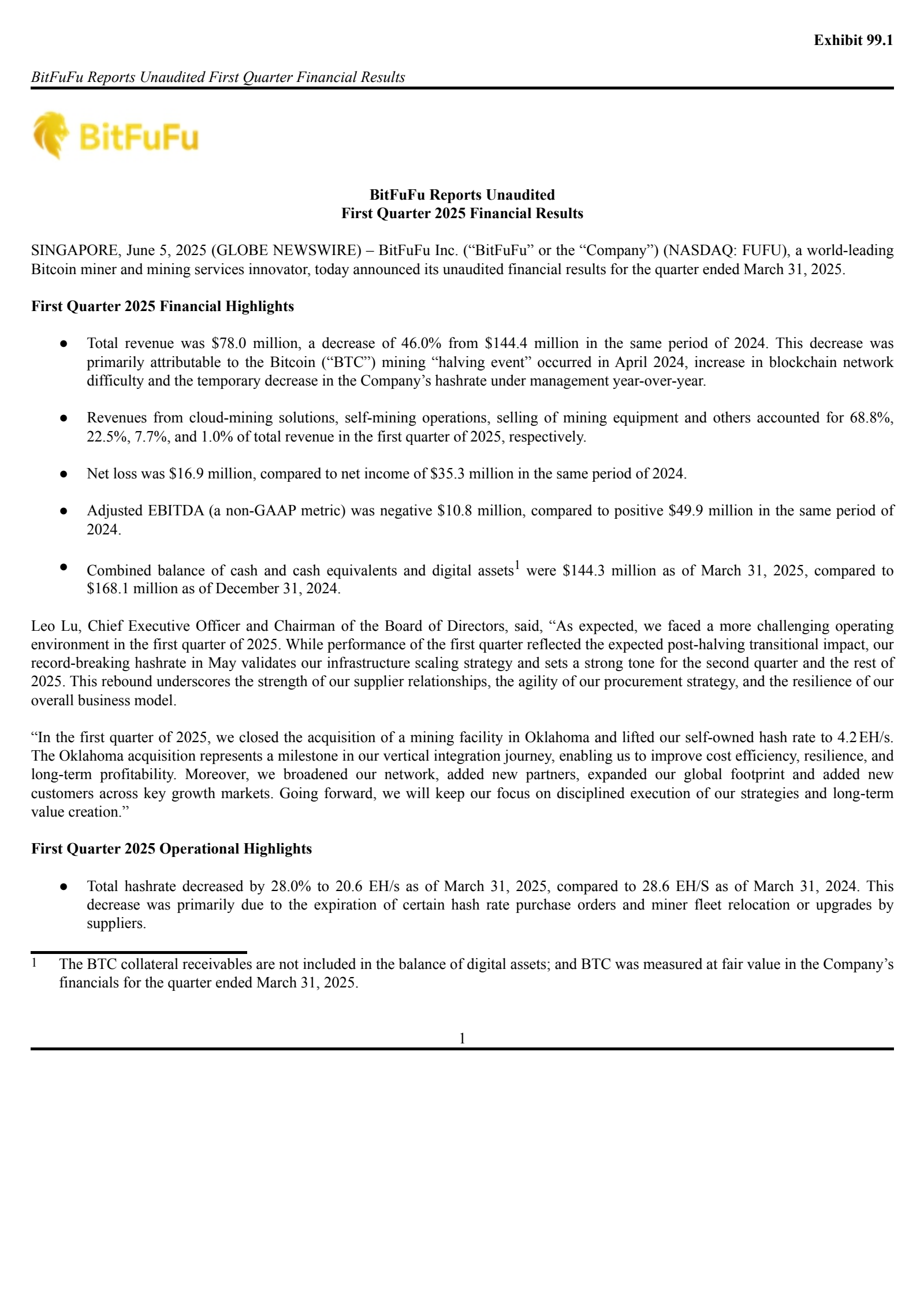 BitFuFu's Q1 2025 Press Release
