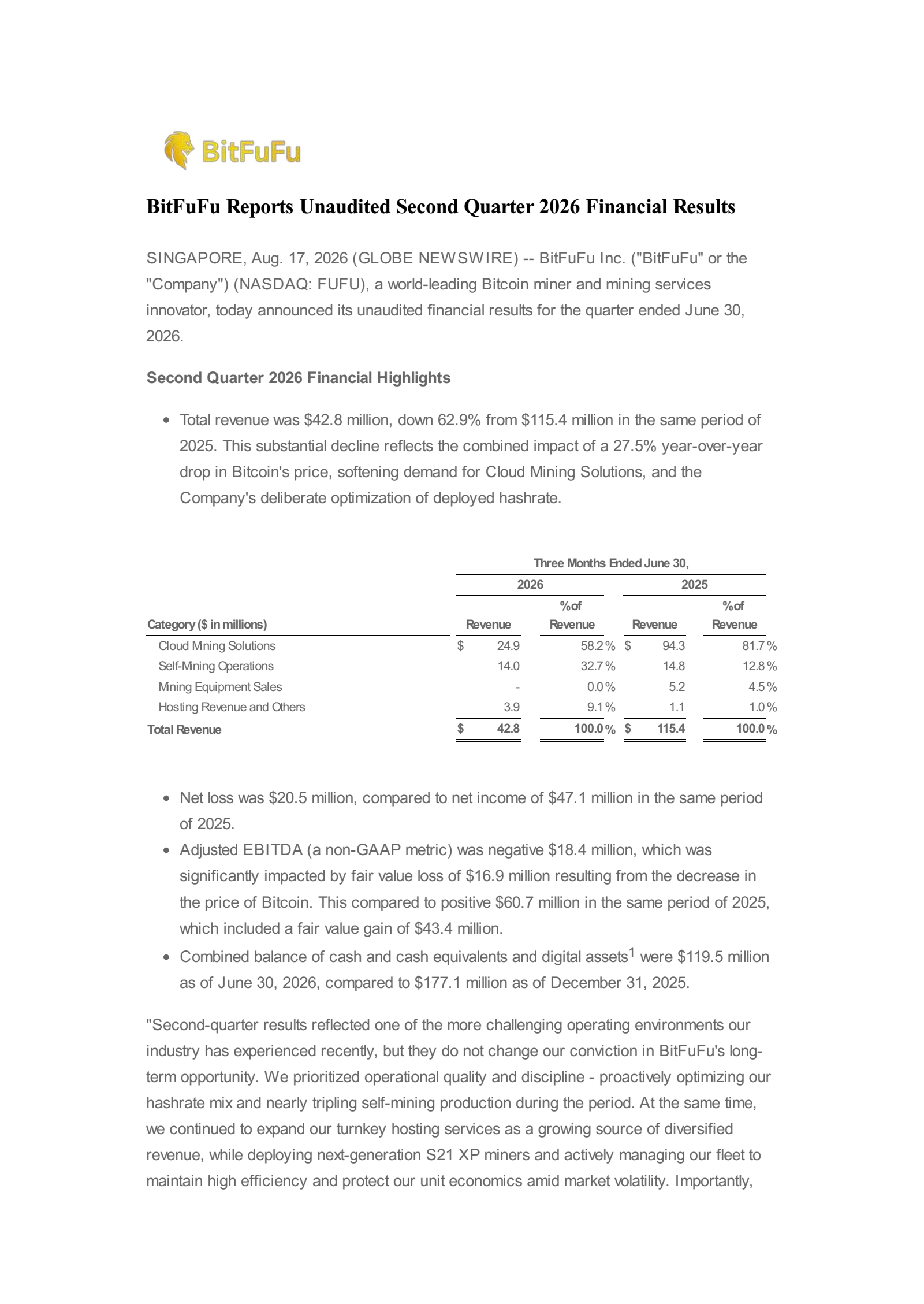 BitFuFu's Q2 2026 Press Release