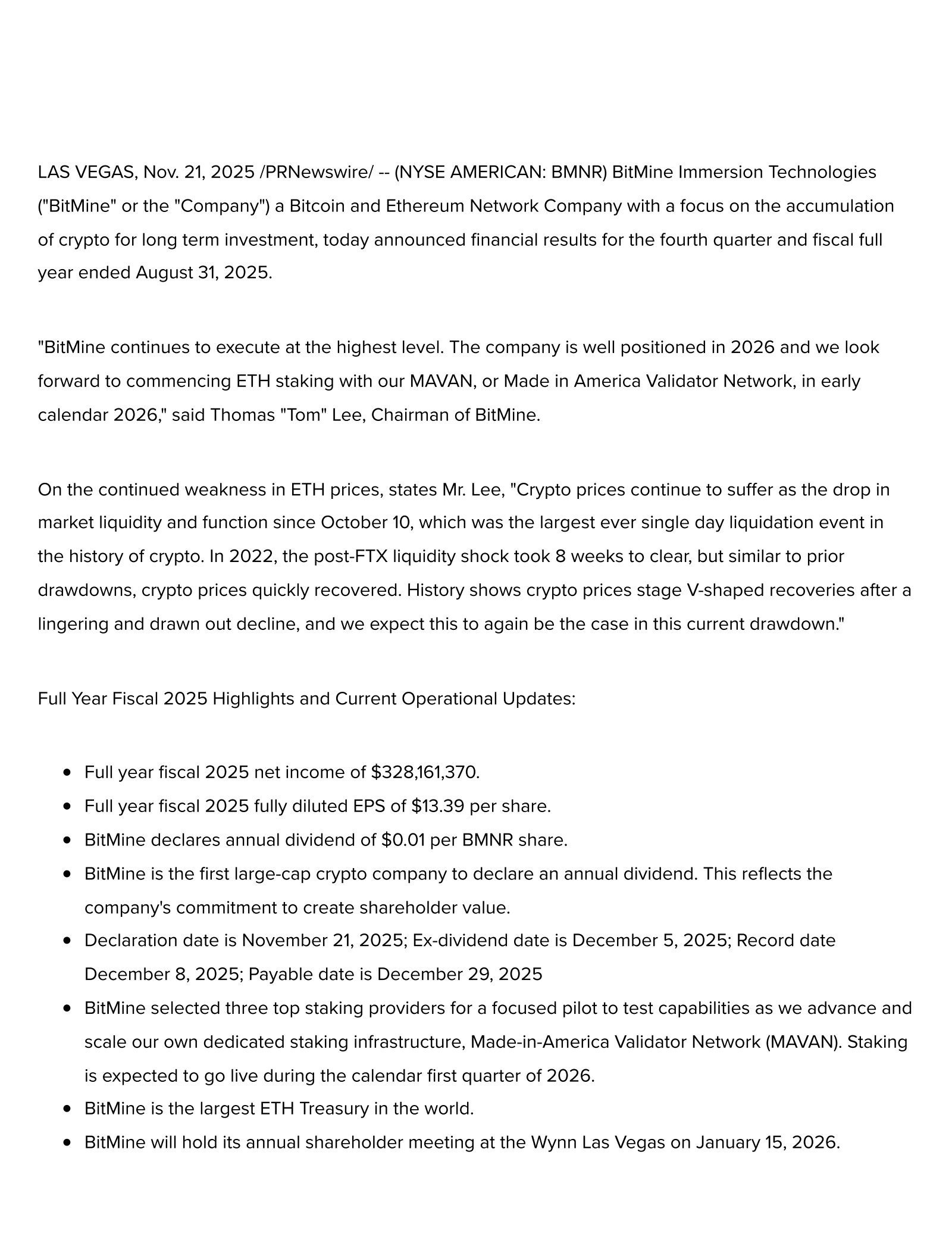 BitMine Immersion Technologies' Q4 2025 Earnings Release