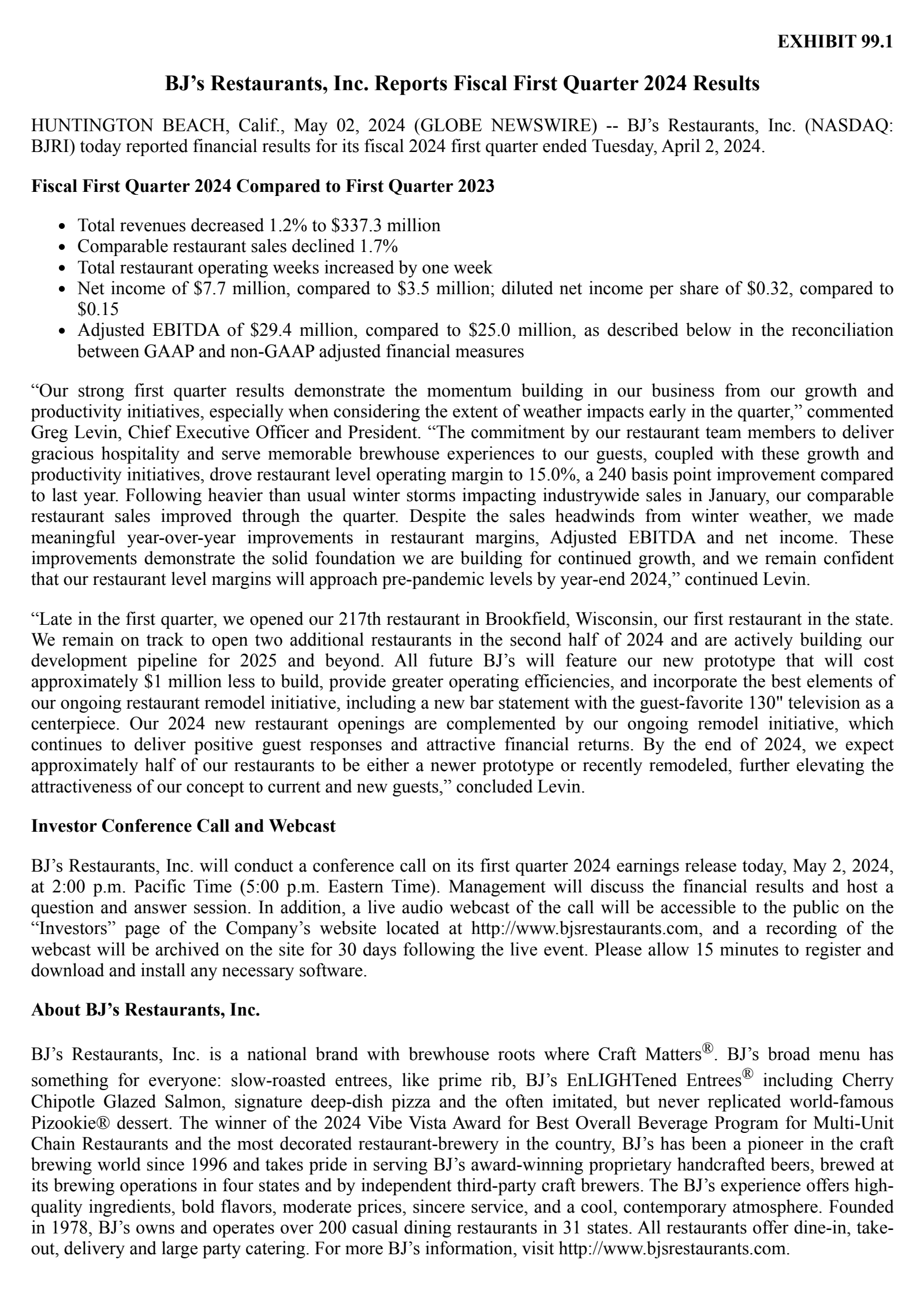 BJ's Restaurants' Q1 2024 Press Release