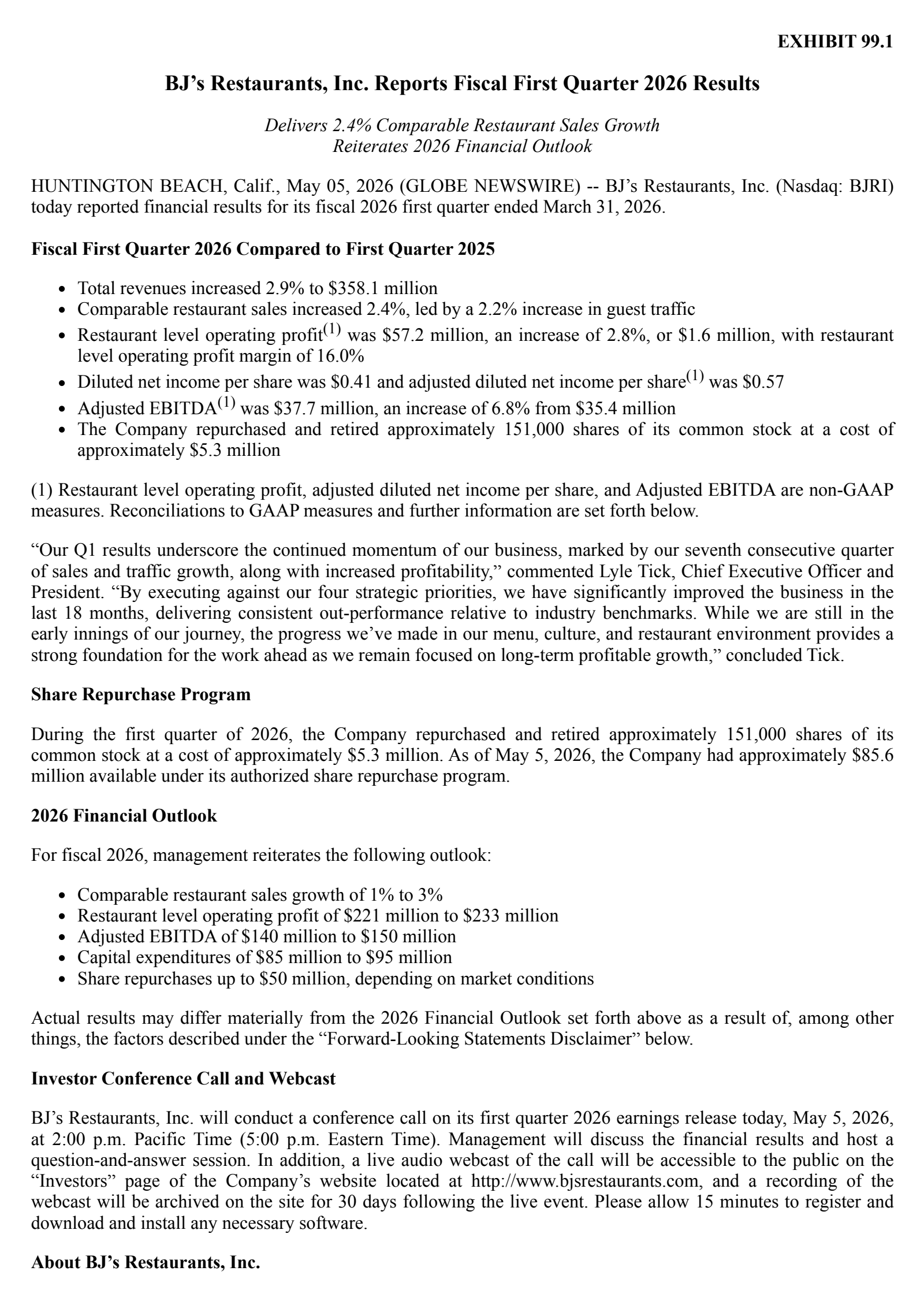 BJ's Restaurants' Q1 2026 Press Release