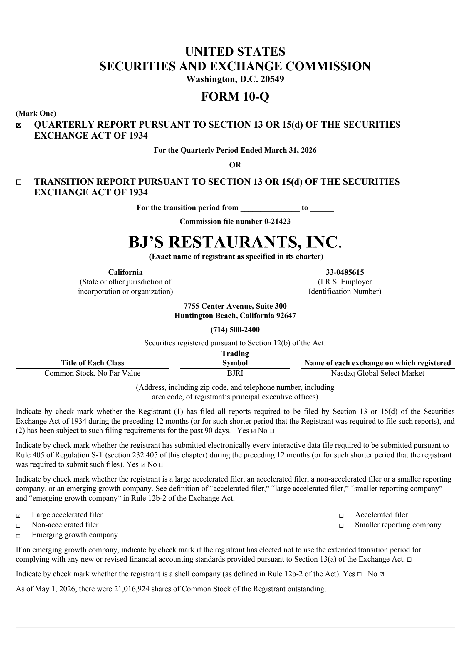 BJ's Restaurants' Q1 2026 Quarterly report