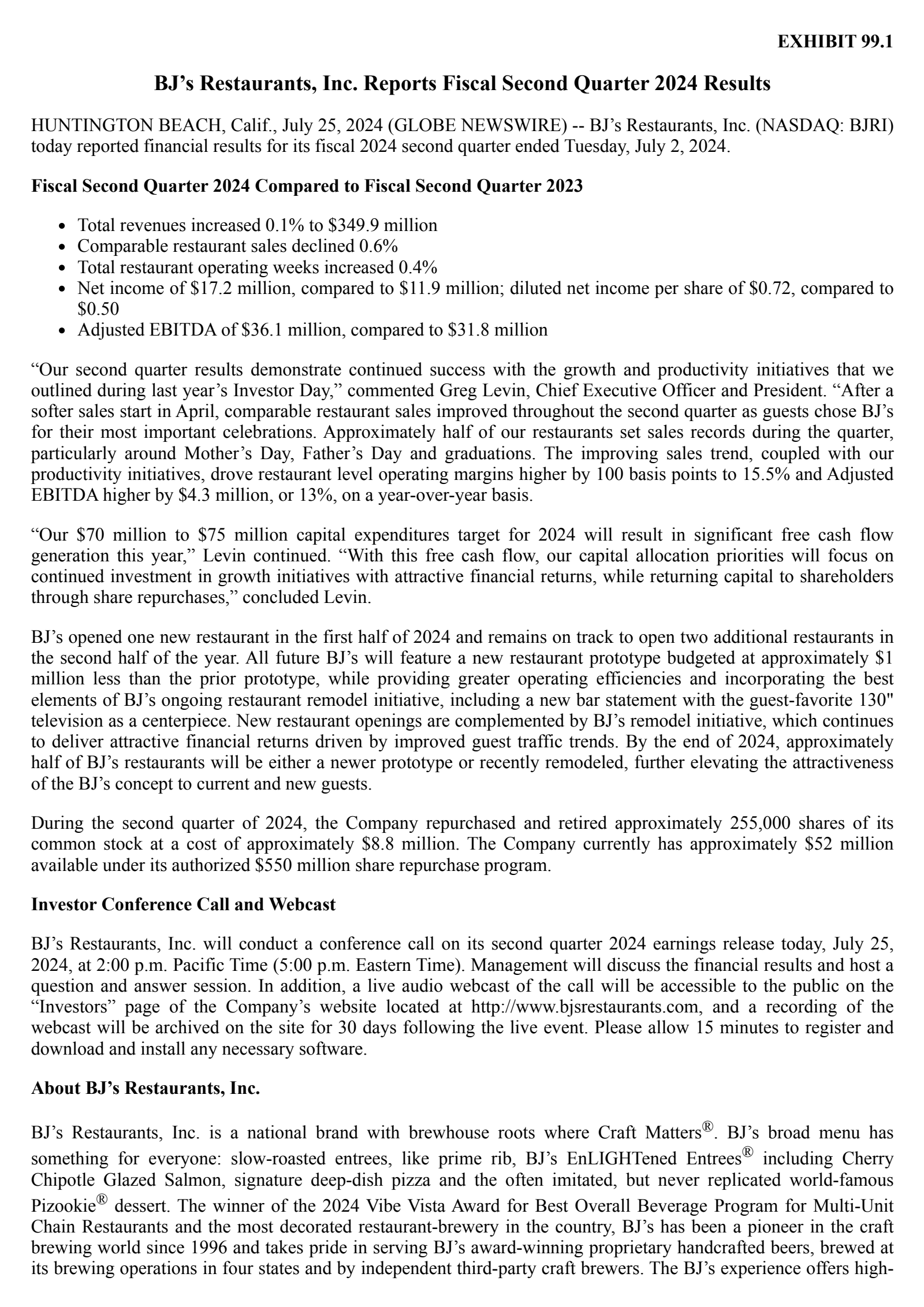 BJ's Restaurants' Q2 2024 Press Release