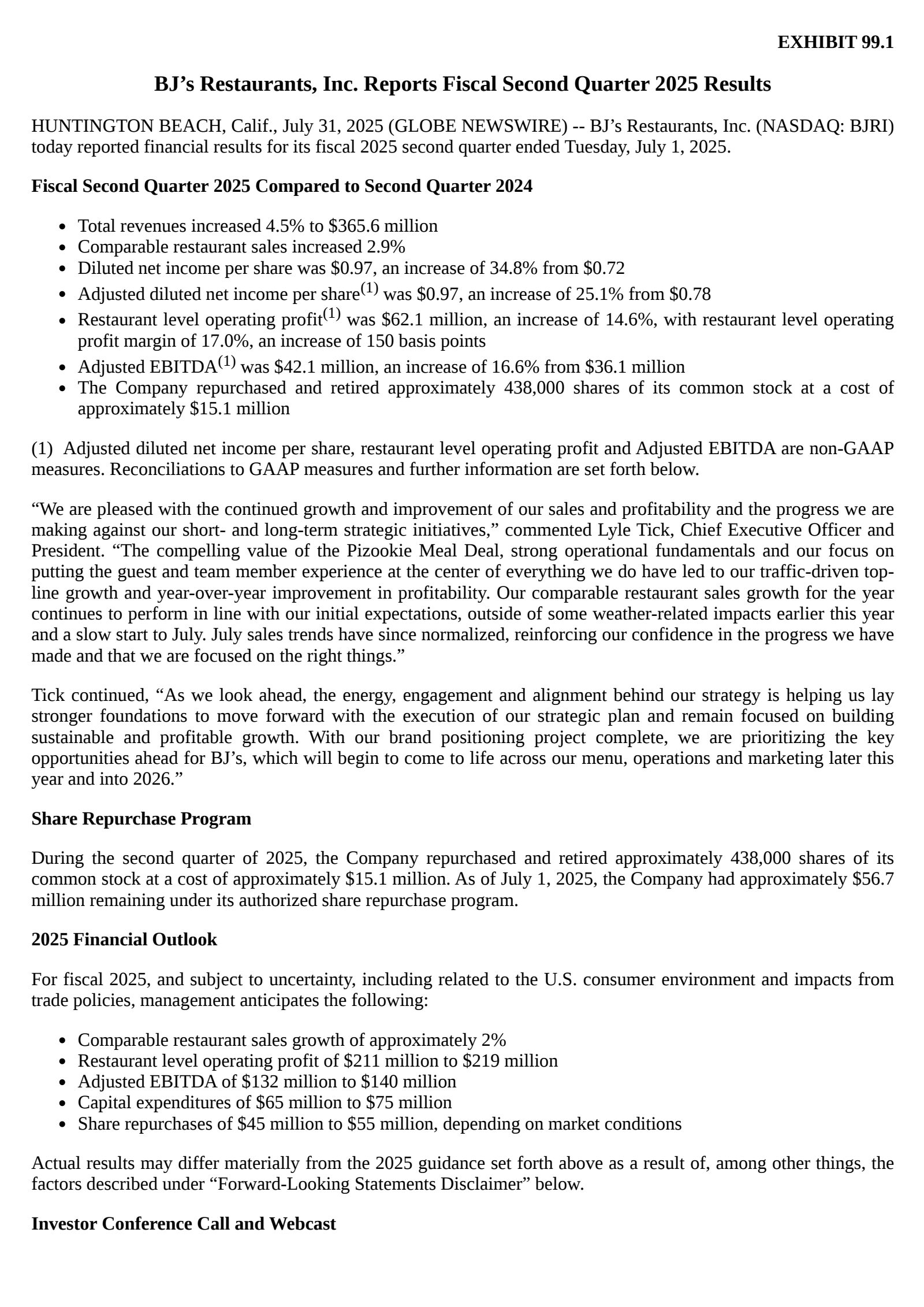 BJ's Restaurants' Q2 2025 Press Release