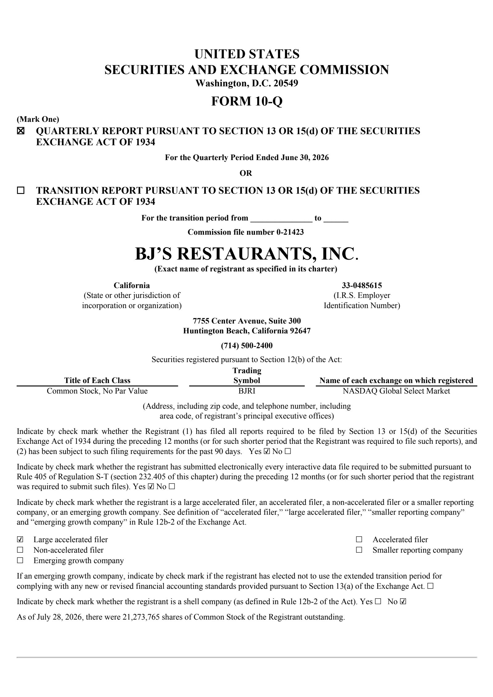 BJ's Restaurants' Q2 2026 Quarterly report
