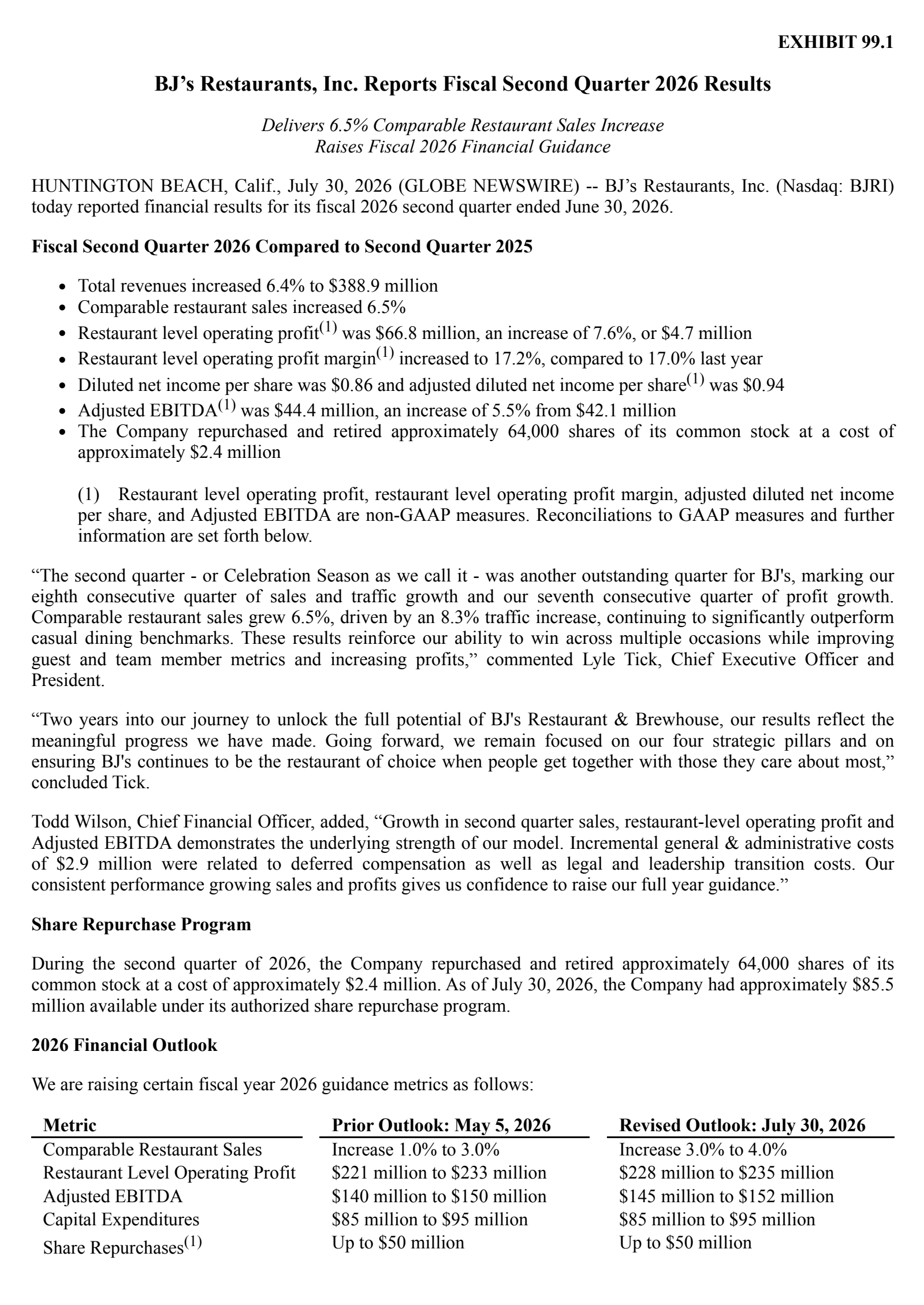 BJ's Restaurants' Q2 2026 Press Release
