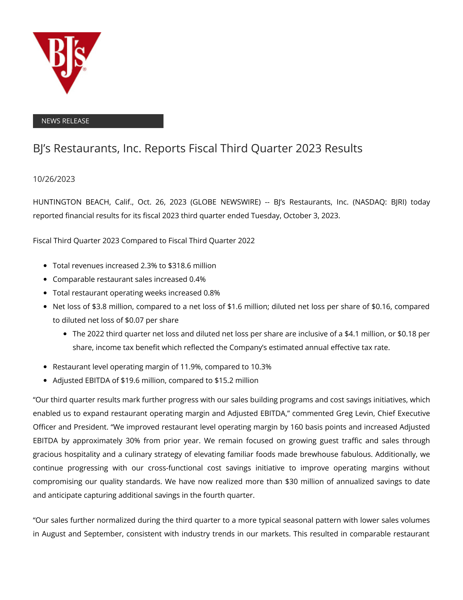 BJ's Restaurants' Q3 2023 Press Release