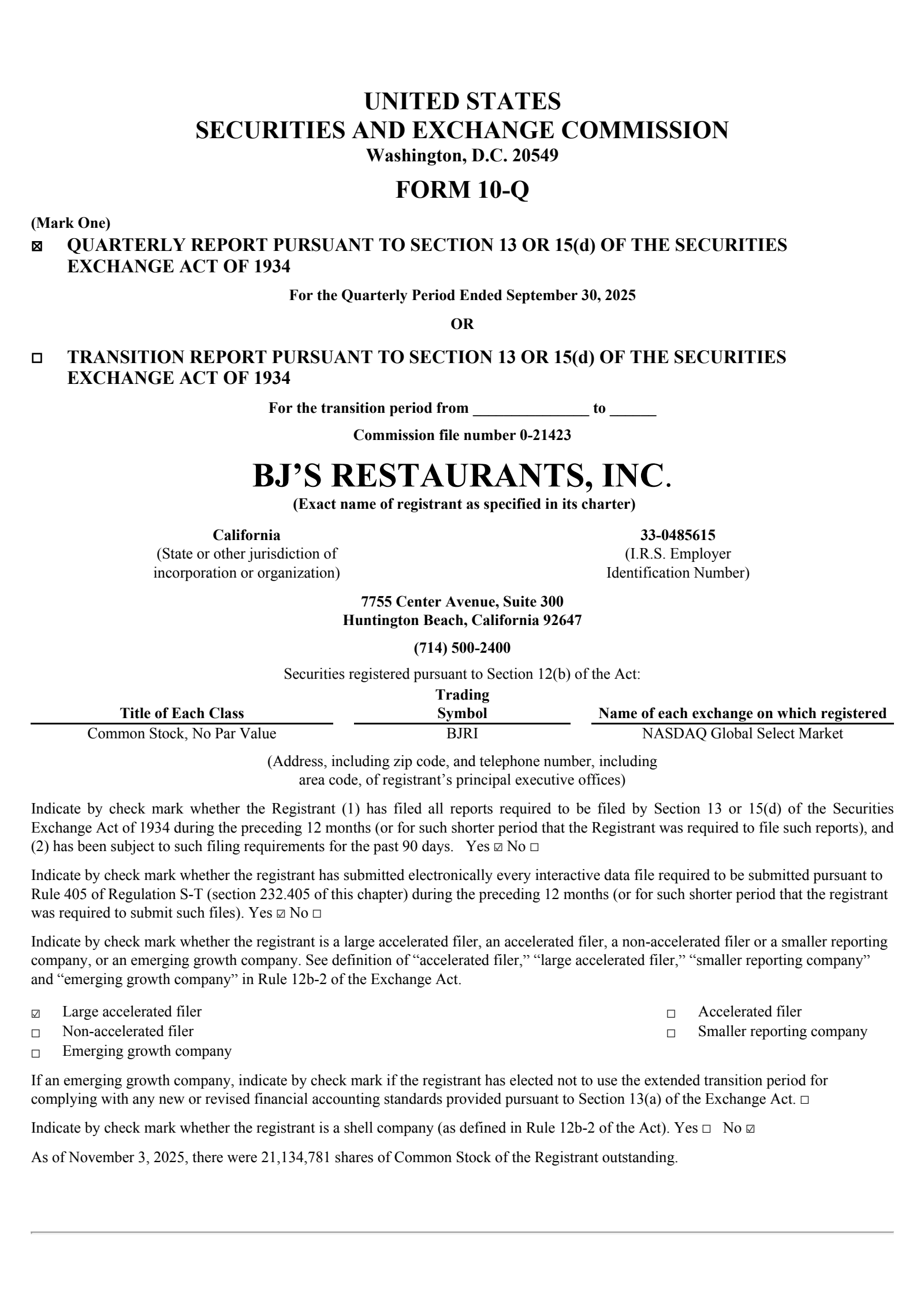 BJ's Restaurants' Q3 2025 Quarterly Report