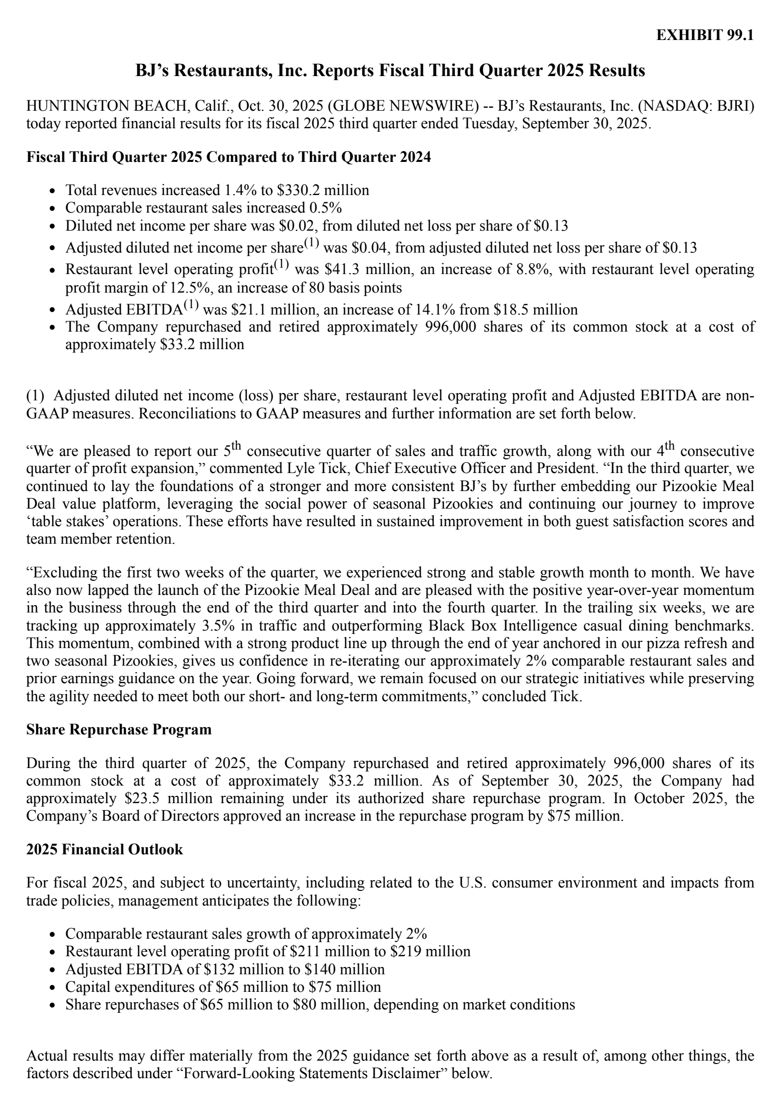 BJ's Restaurants' Q3 2025 Earnings Release