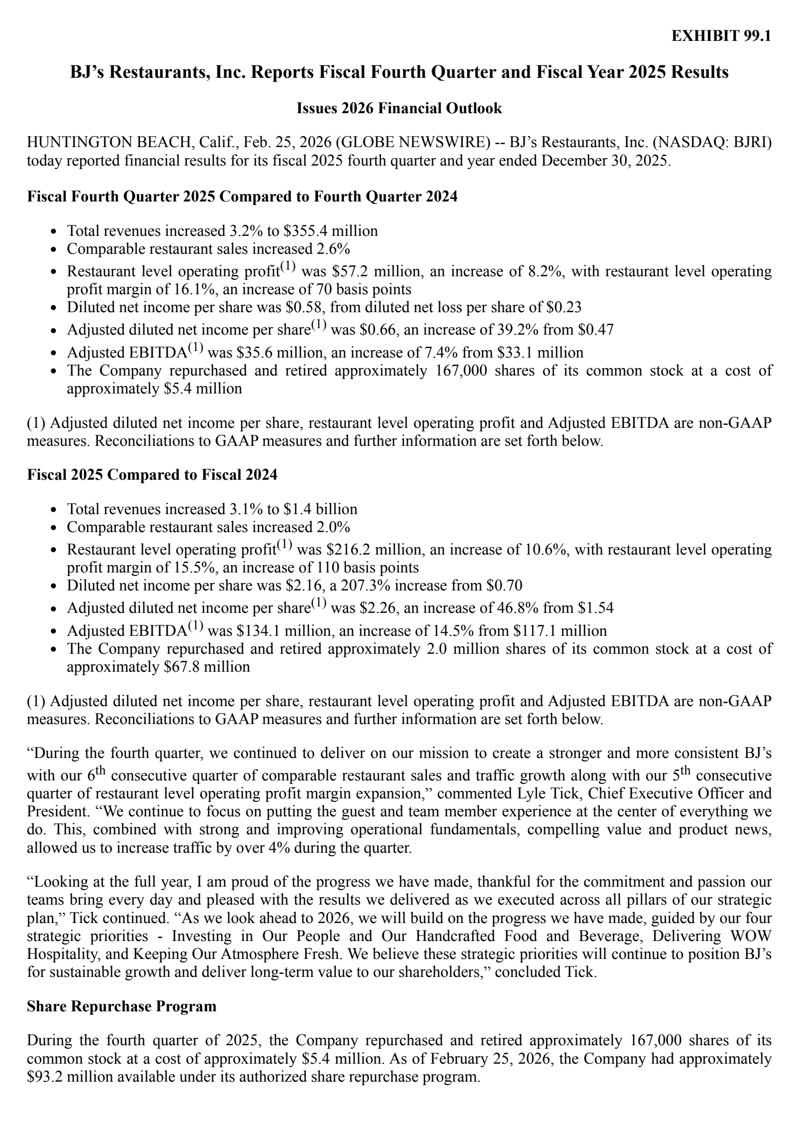 BJ's Restaurants' Q4 2025 Press Release