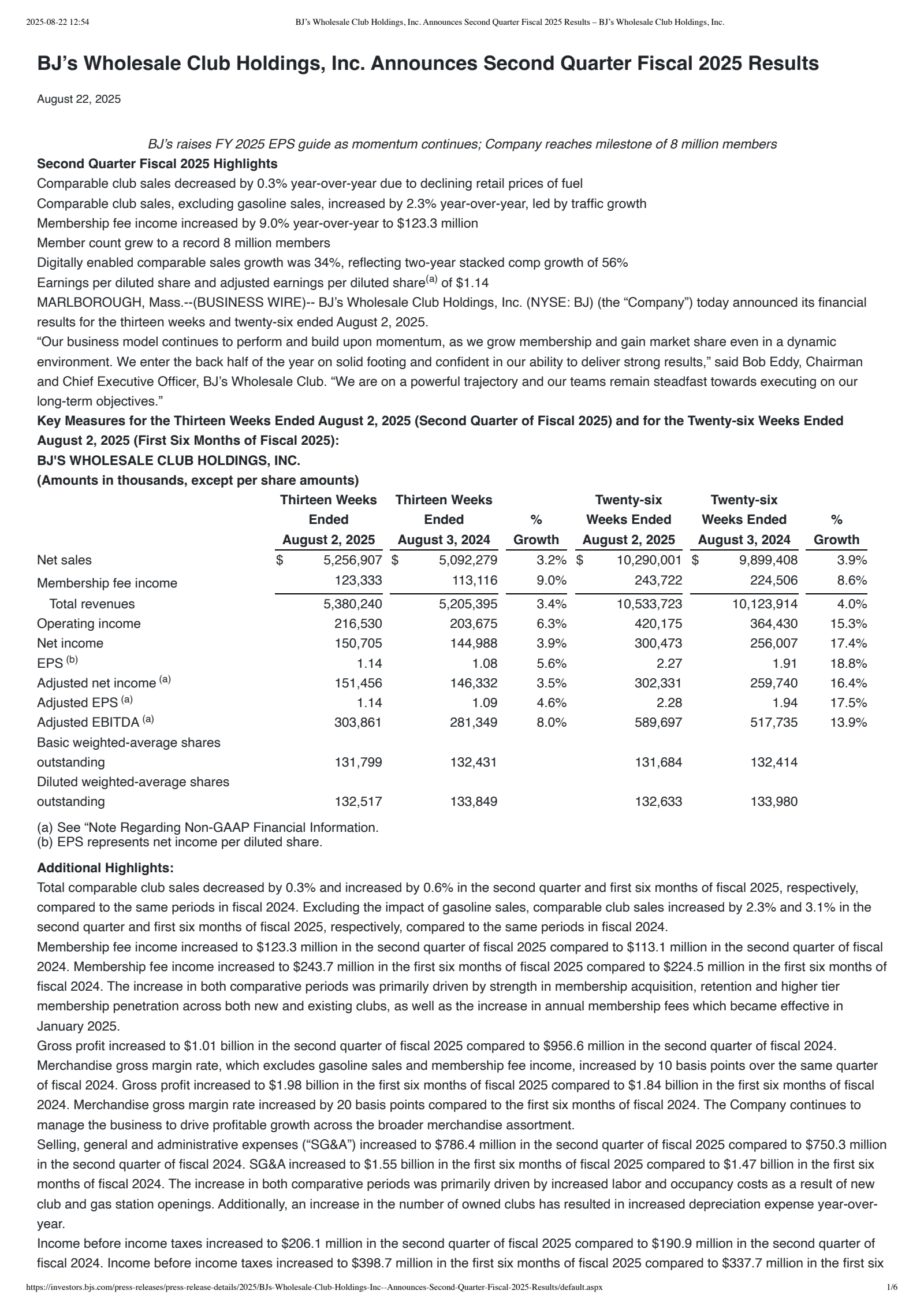BJ's Wholesale Club's Q2 2026 Press Release