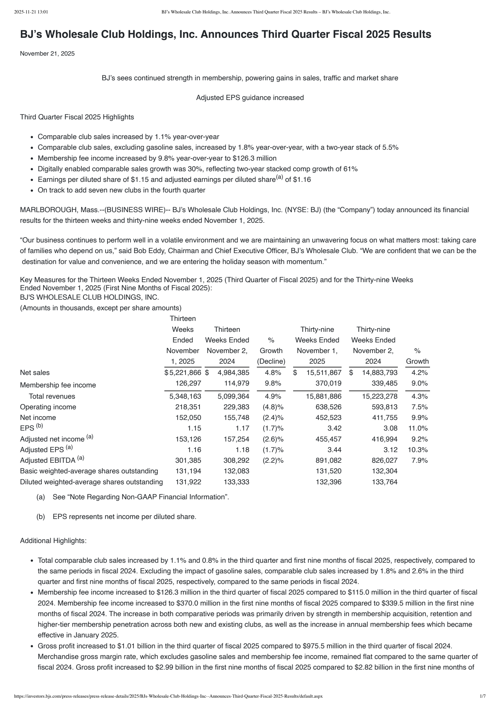 BJ's Wholesale Club's Q3 2026 Earnings Release
