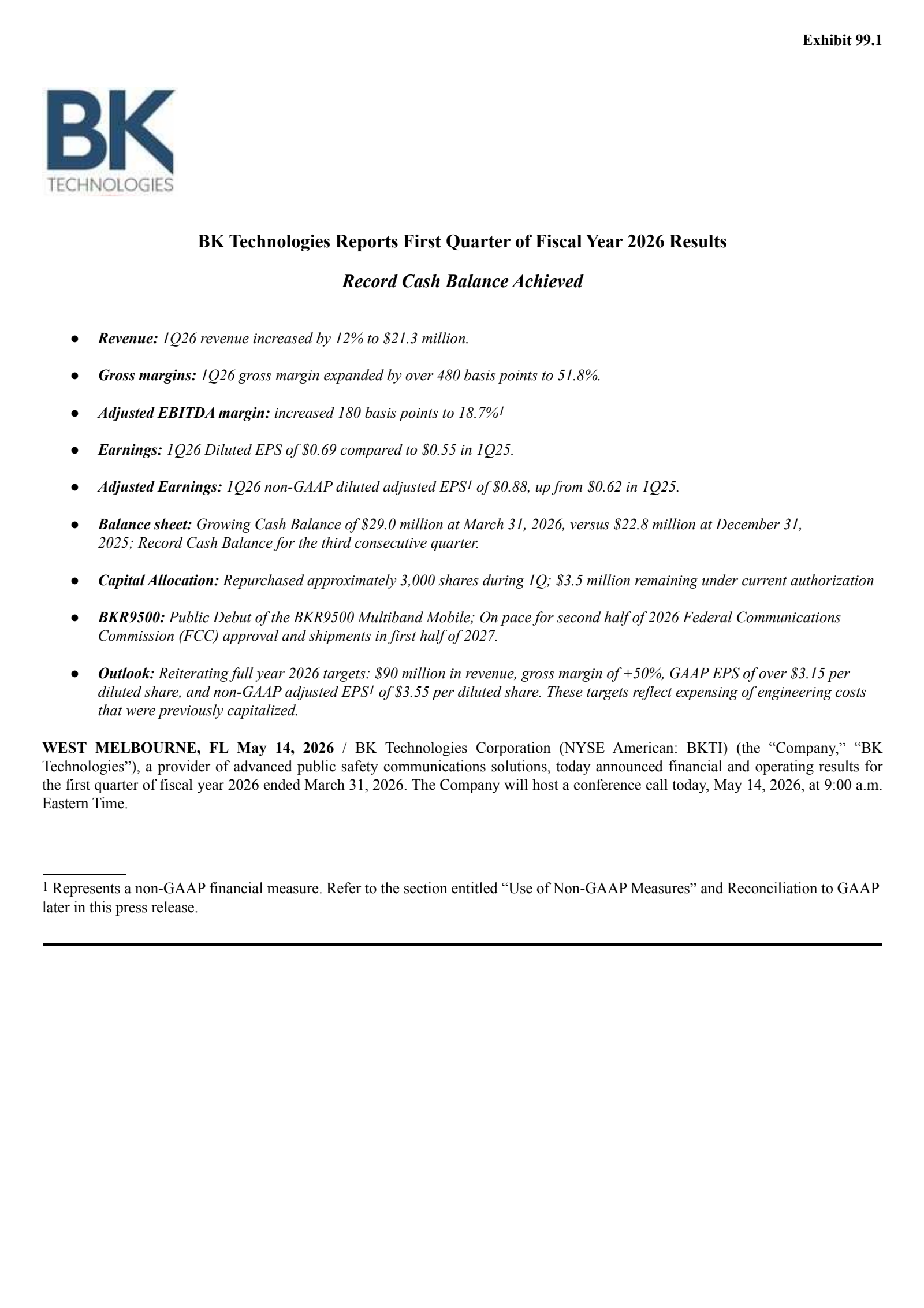 Bk Technologies' Q1 2026 Press Release