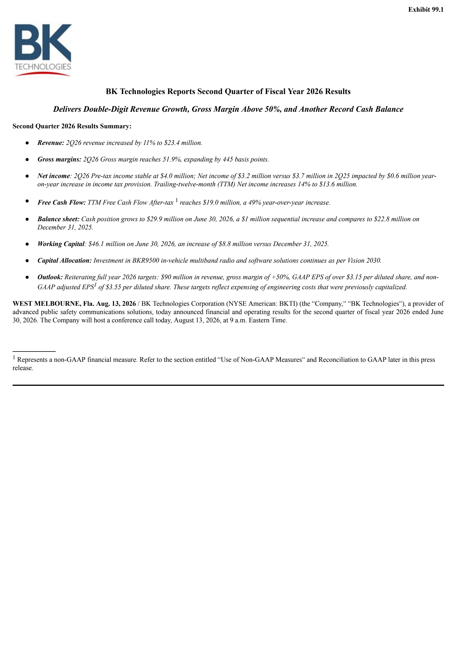 Bk Technologies' Q2 2026 Press Release