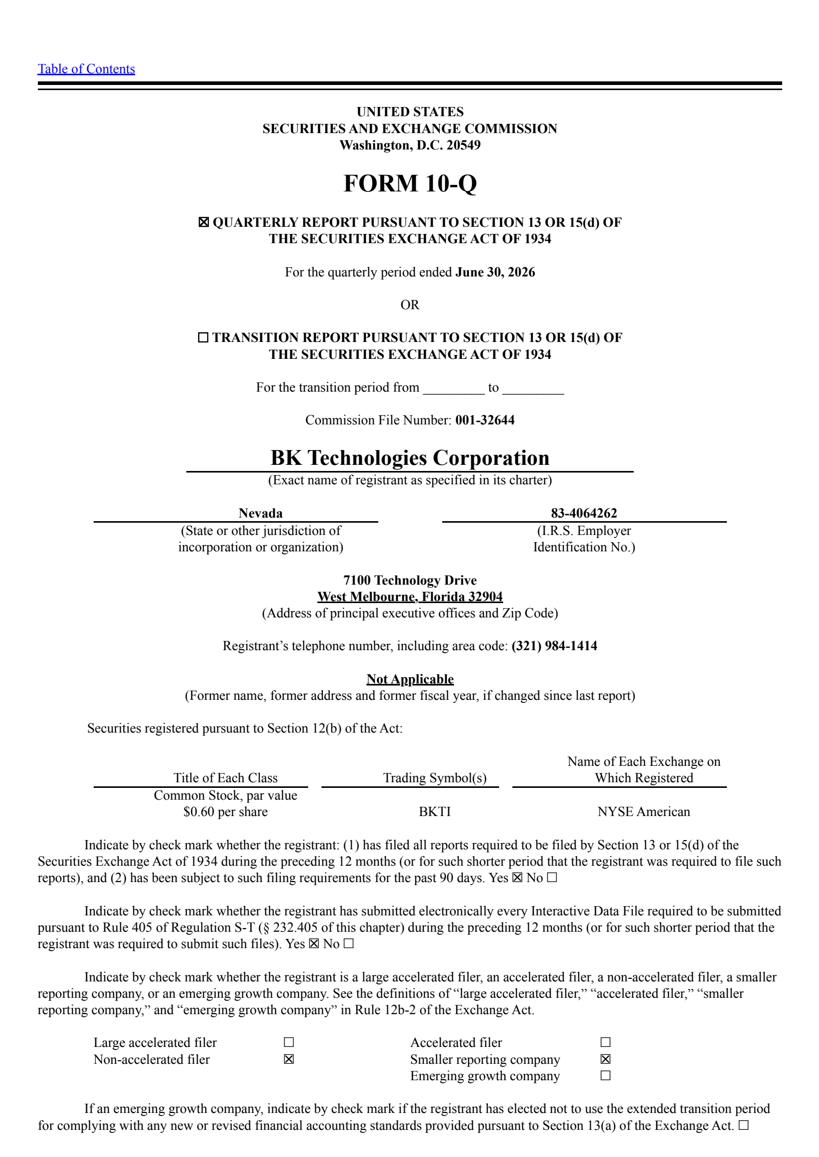 Bk Technologies' Q2 2026 Quarterly report