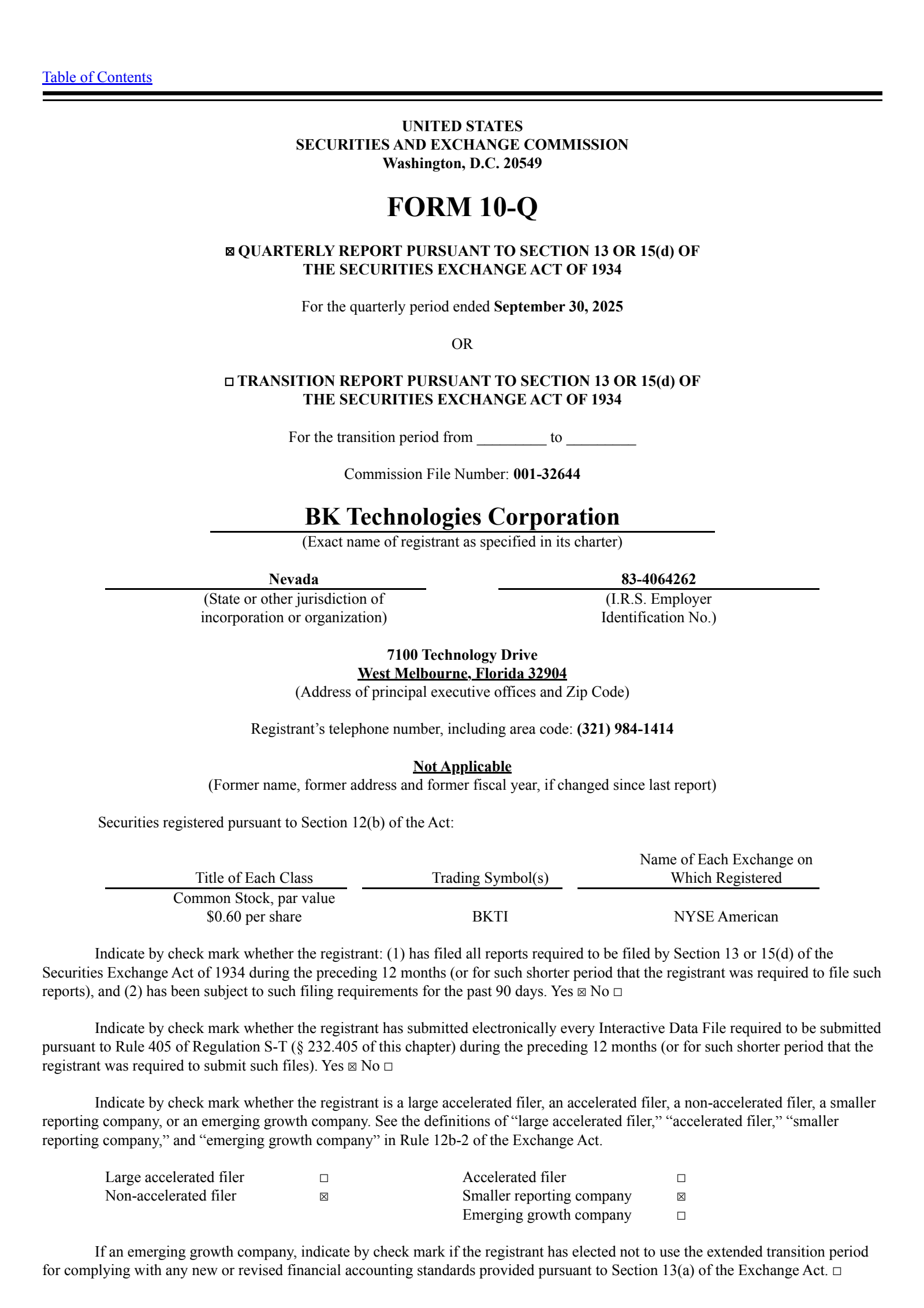 Bk Technologies' Q3 2025 Quarterly Report