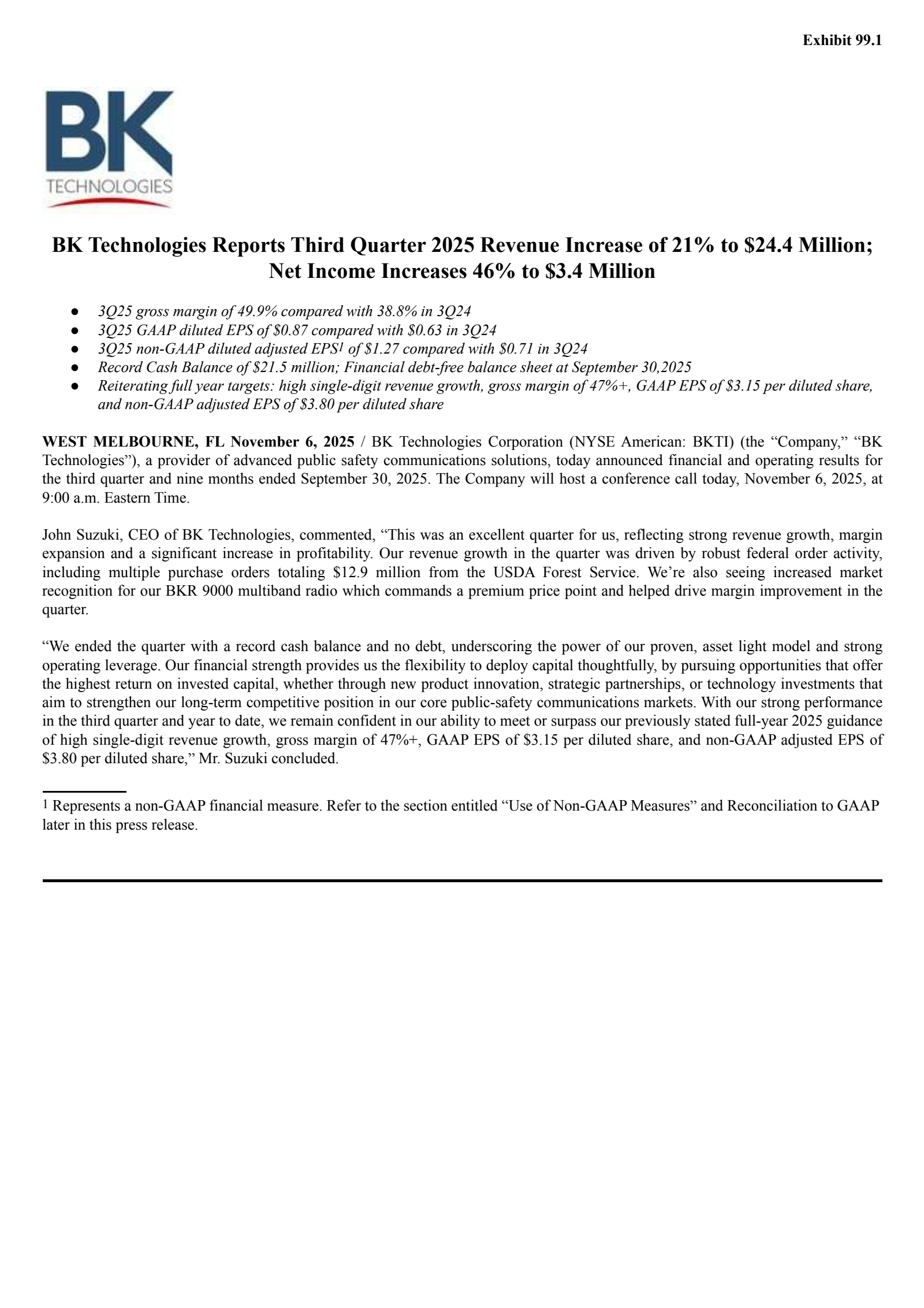 Bk Technologies' Q3 2025 Earnings Release