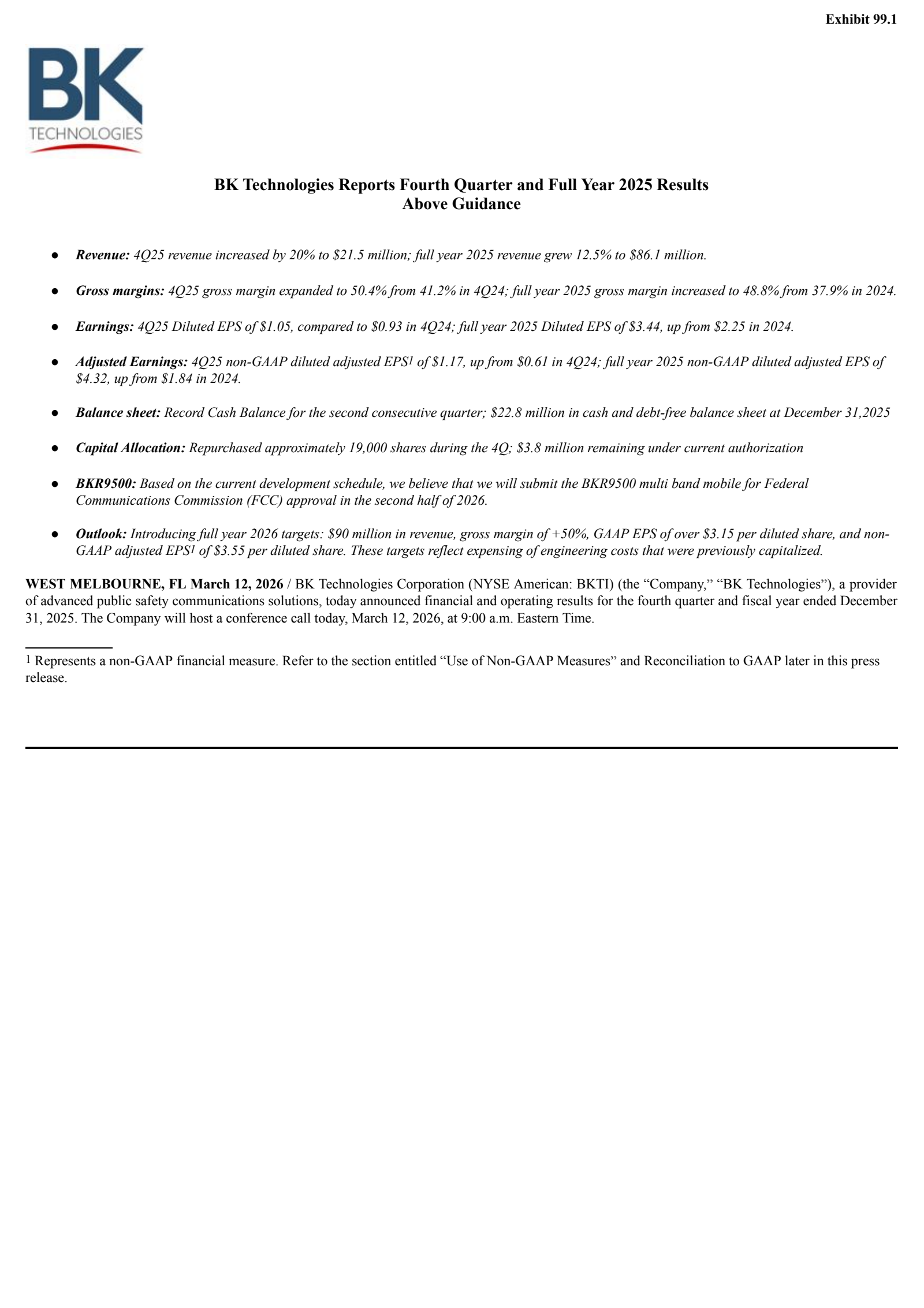 Bk Technologies' Q4 2025 Press Release