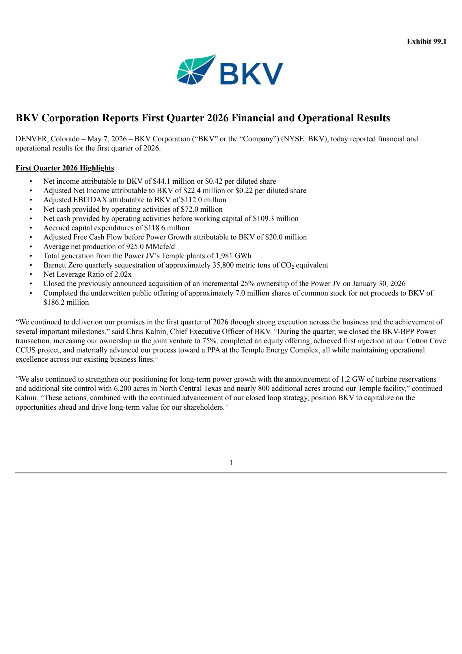 BKV's Q1 2026 Press Release