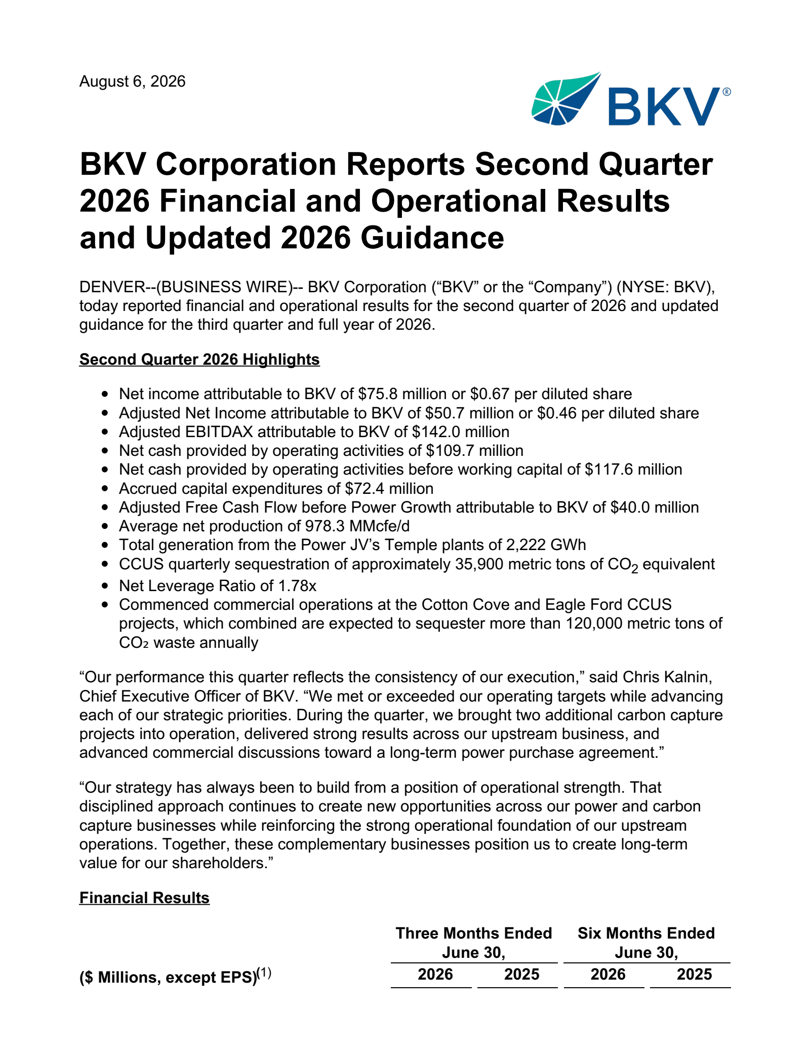 BKV's Q2 2026 Press Release