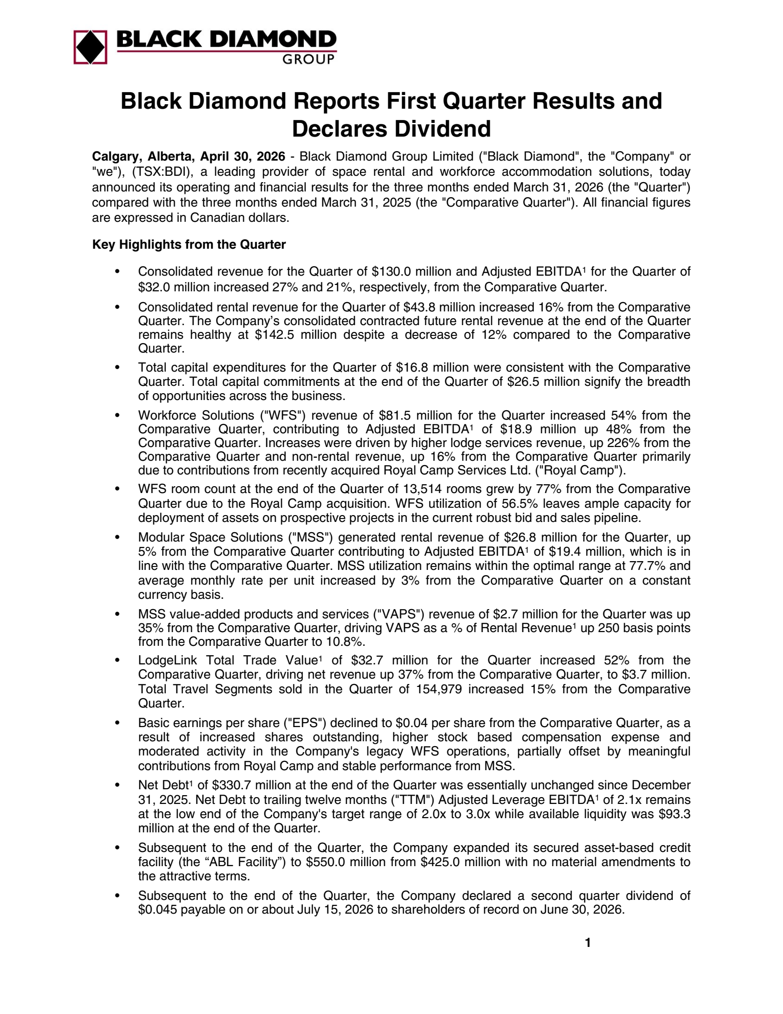 Black Diamond Group's Q1 2026 Press Release