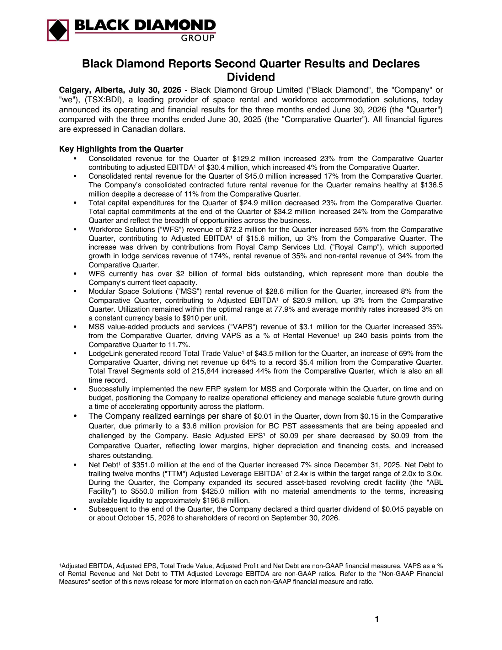 Black Diamond Group's Q2 2026 Press Release