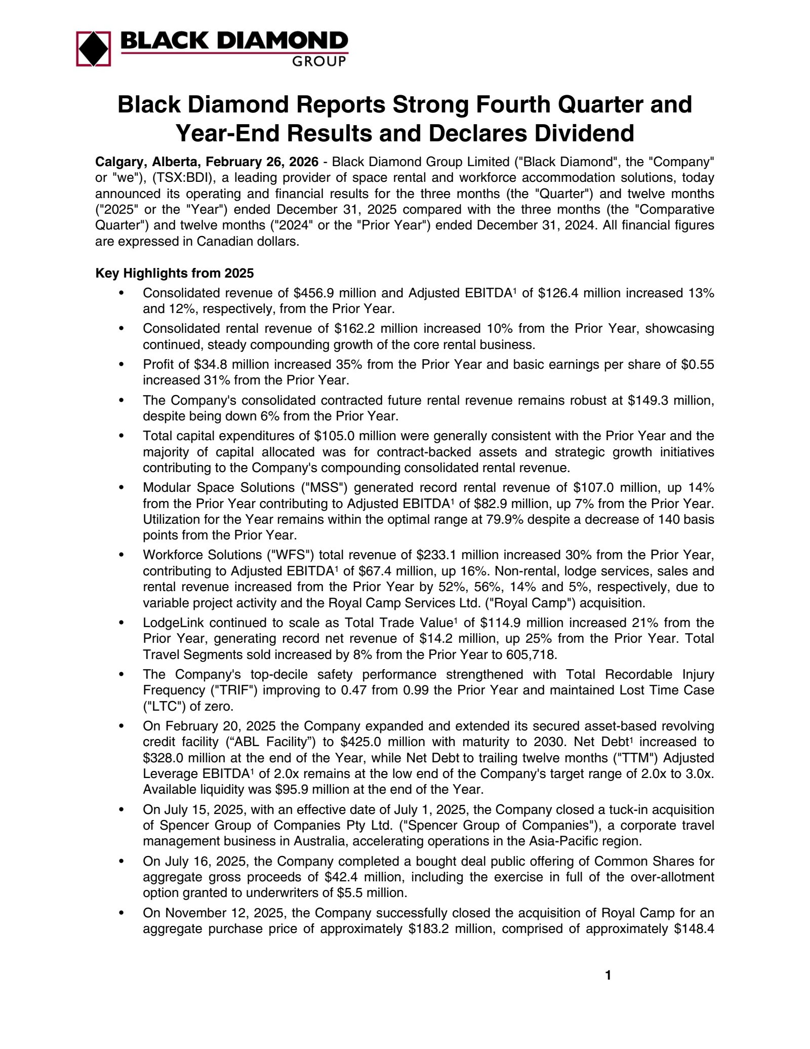 Black Diamond Group's Q4 2025 Press Release