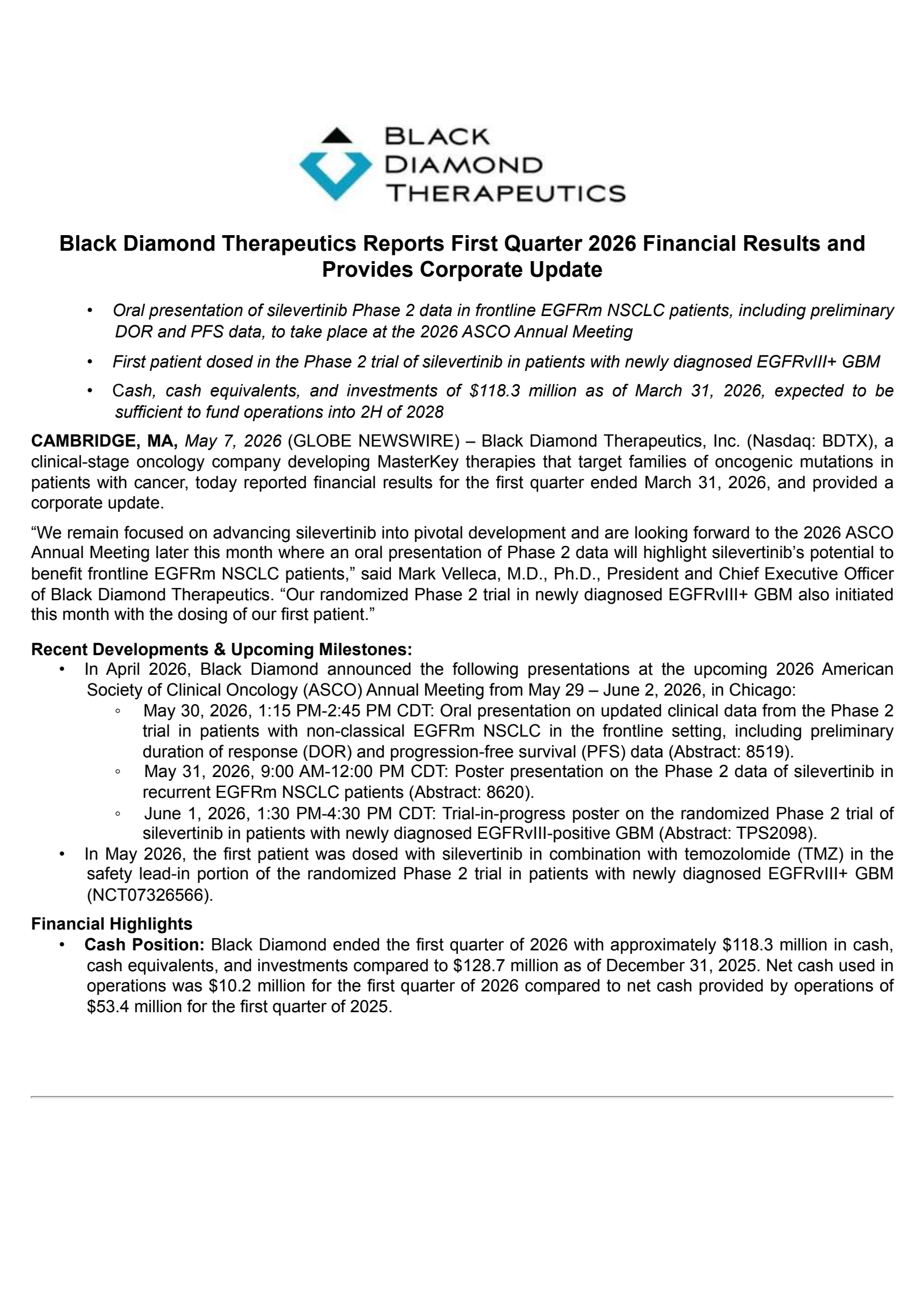 Black Diamond Therapeutics' Q1 2026 Press Release