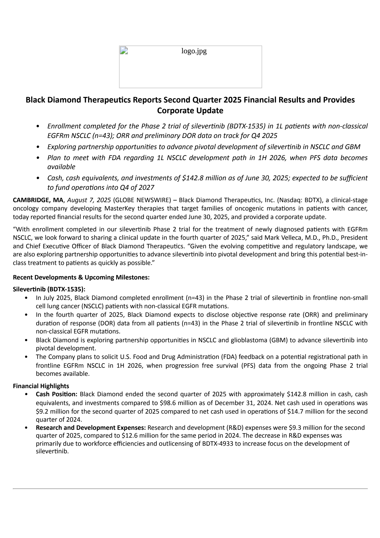 Black Diamond Therapeutics' Q2 2025 Press Release