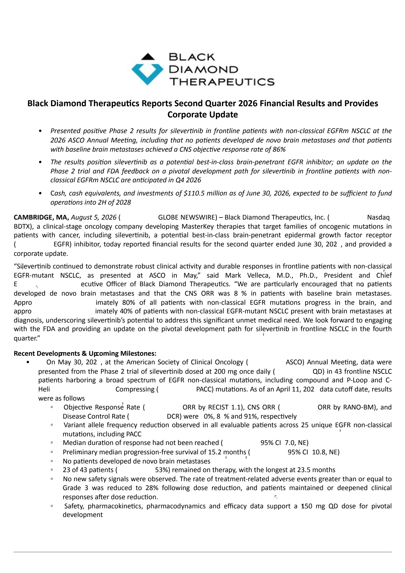Black Diamond Therapeutics' Q2 2026 Press Release