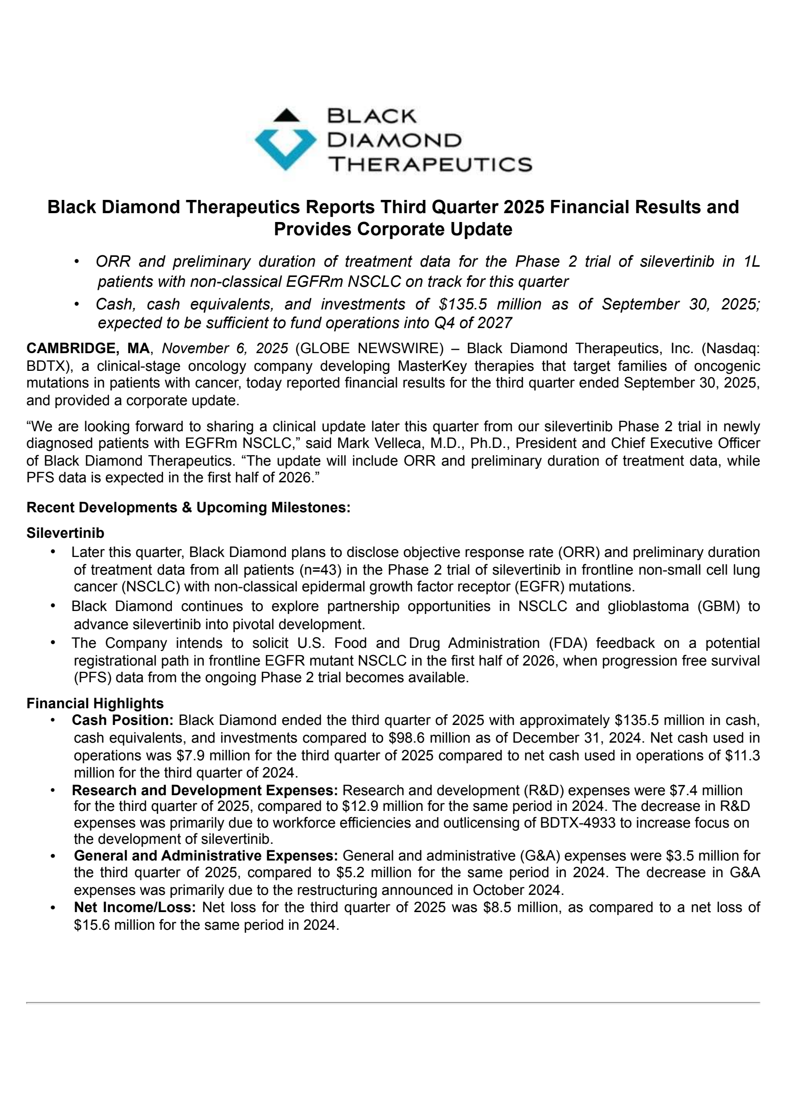 Black Diamond Therapeutics' Q3 2025 Earnings Release