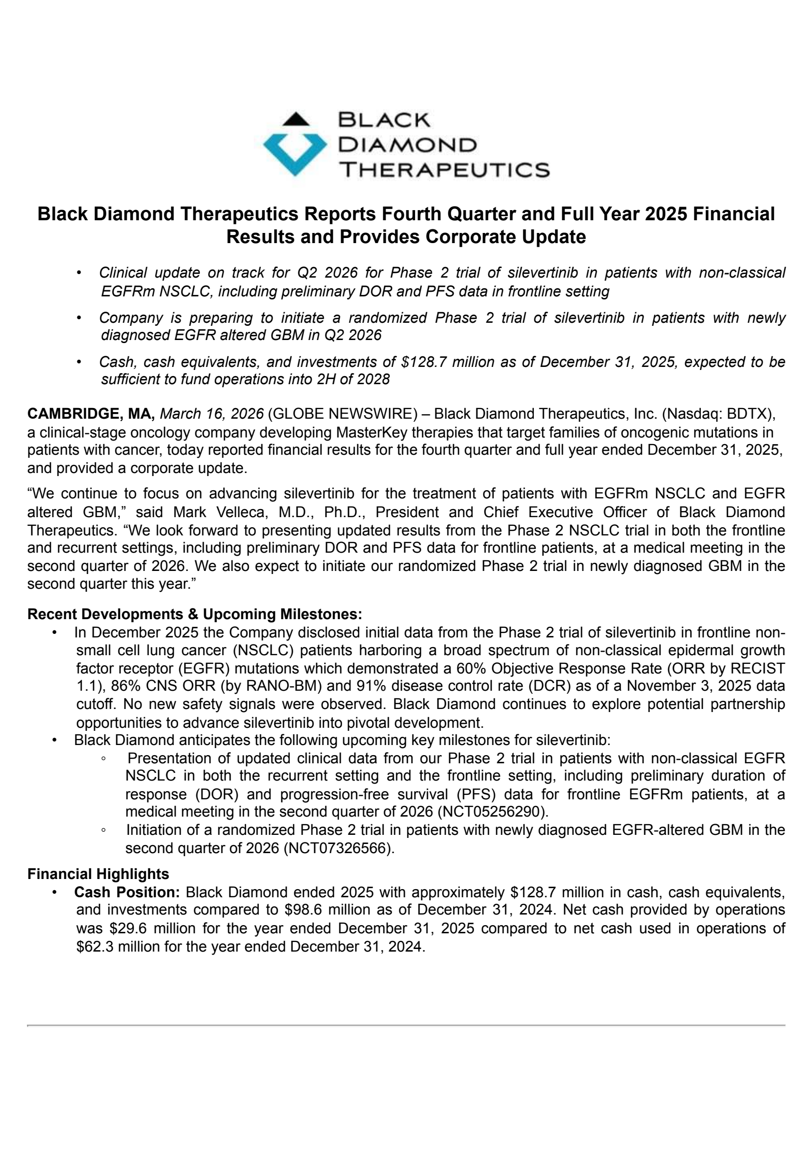 Black Diamond Therapeutics' Q4 2025 Press Release