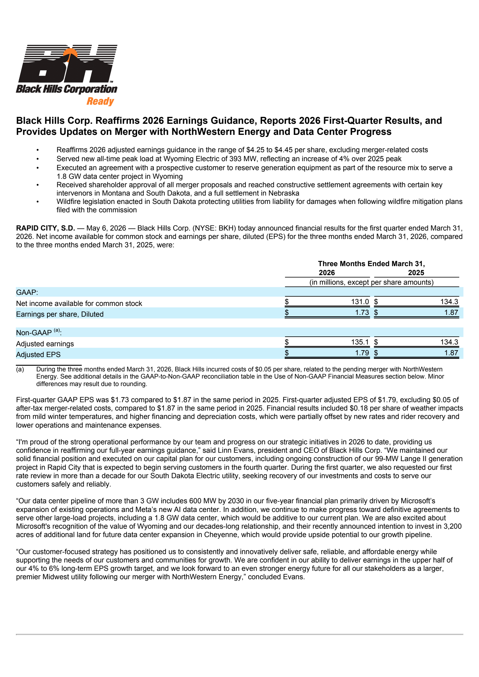 Black Hills' Q1 2026 Press Release