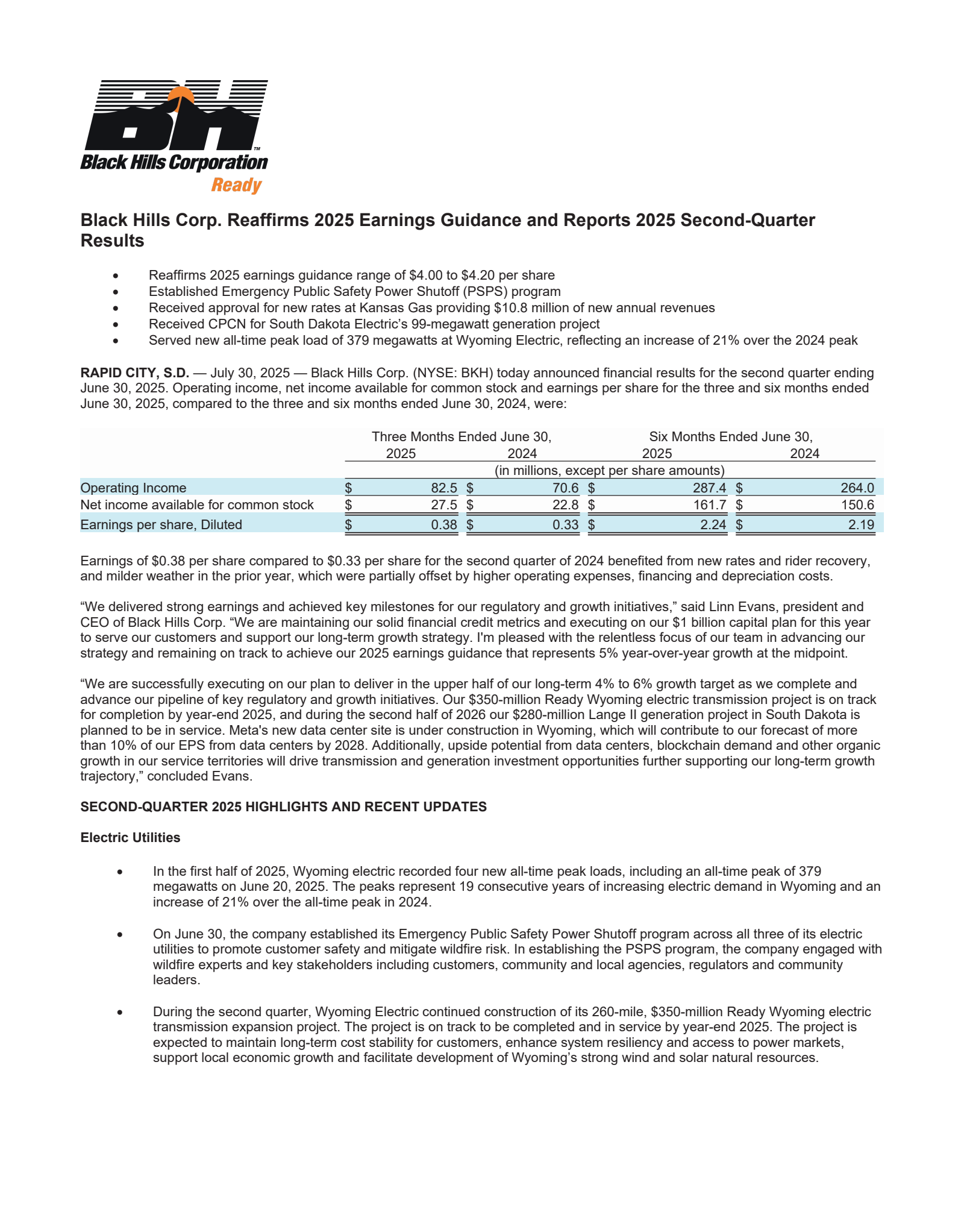 Black Hills' Q2 2025 Press Release