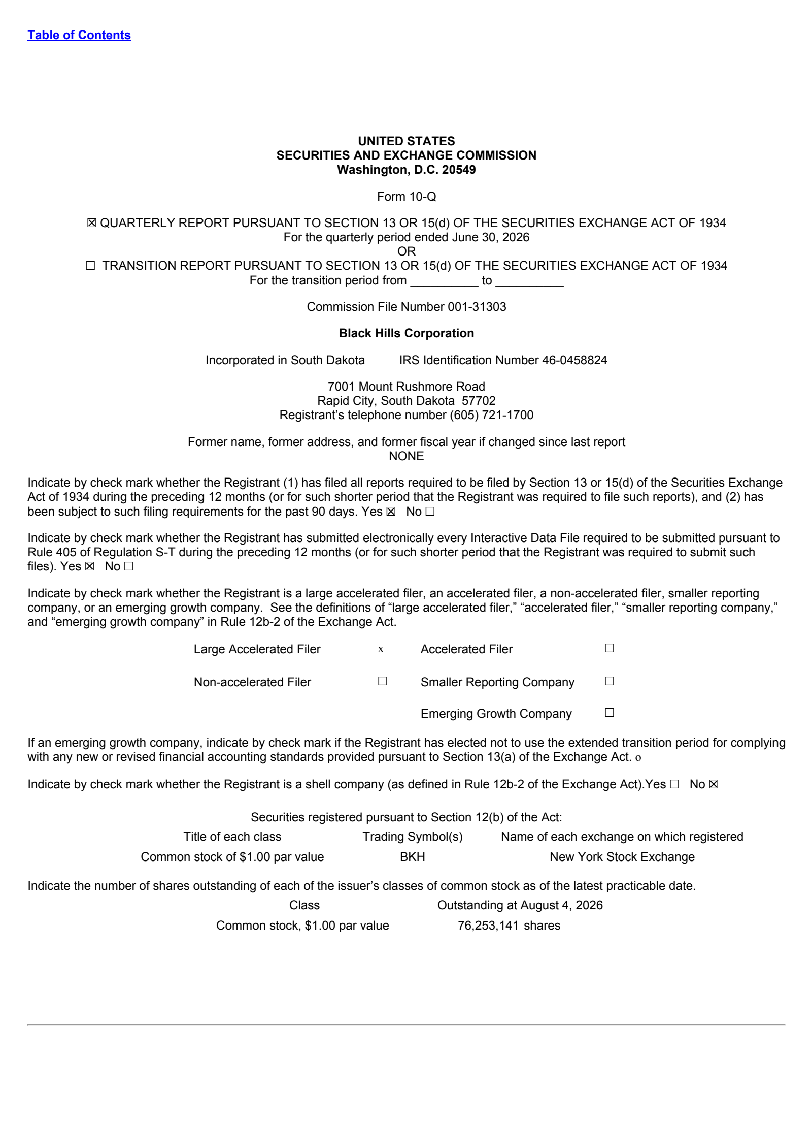 Black Hills' Q2 2026 Quarterly report