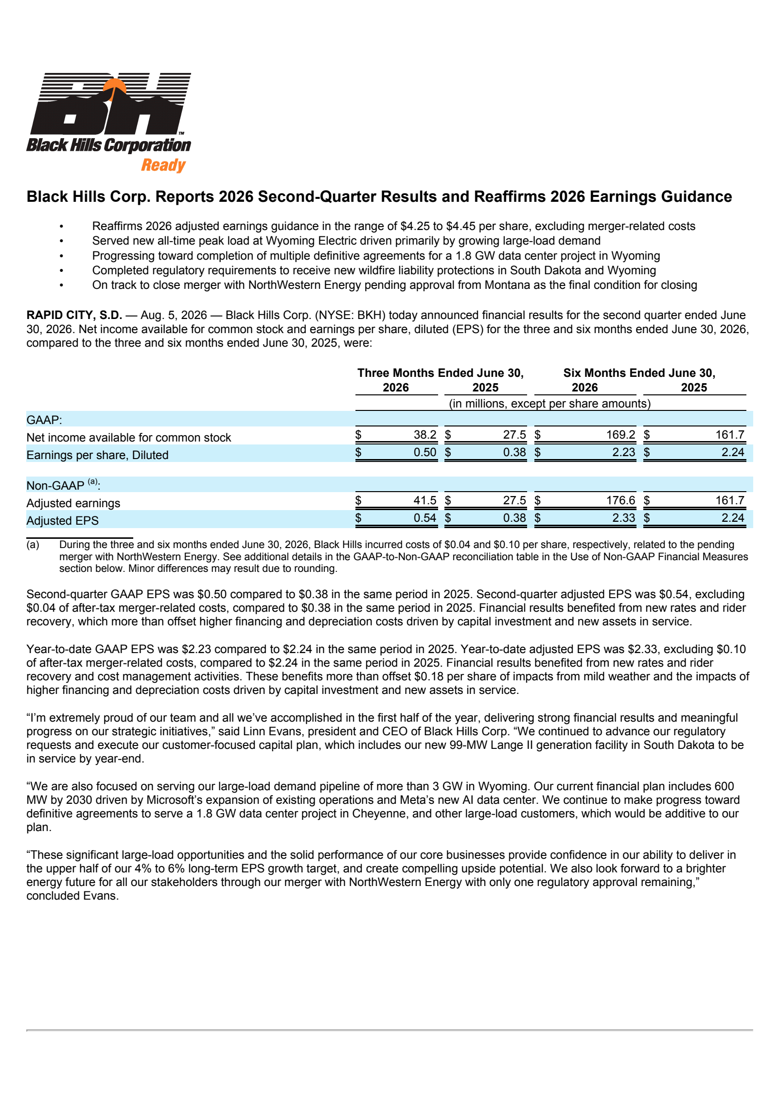 Black Hills' Q2 2026 Press Release