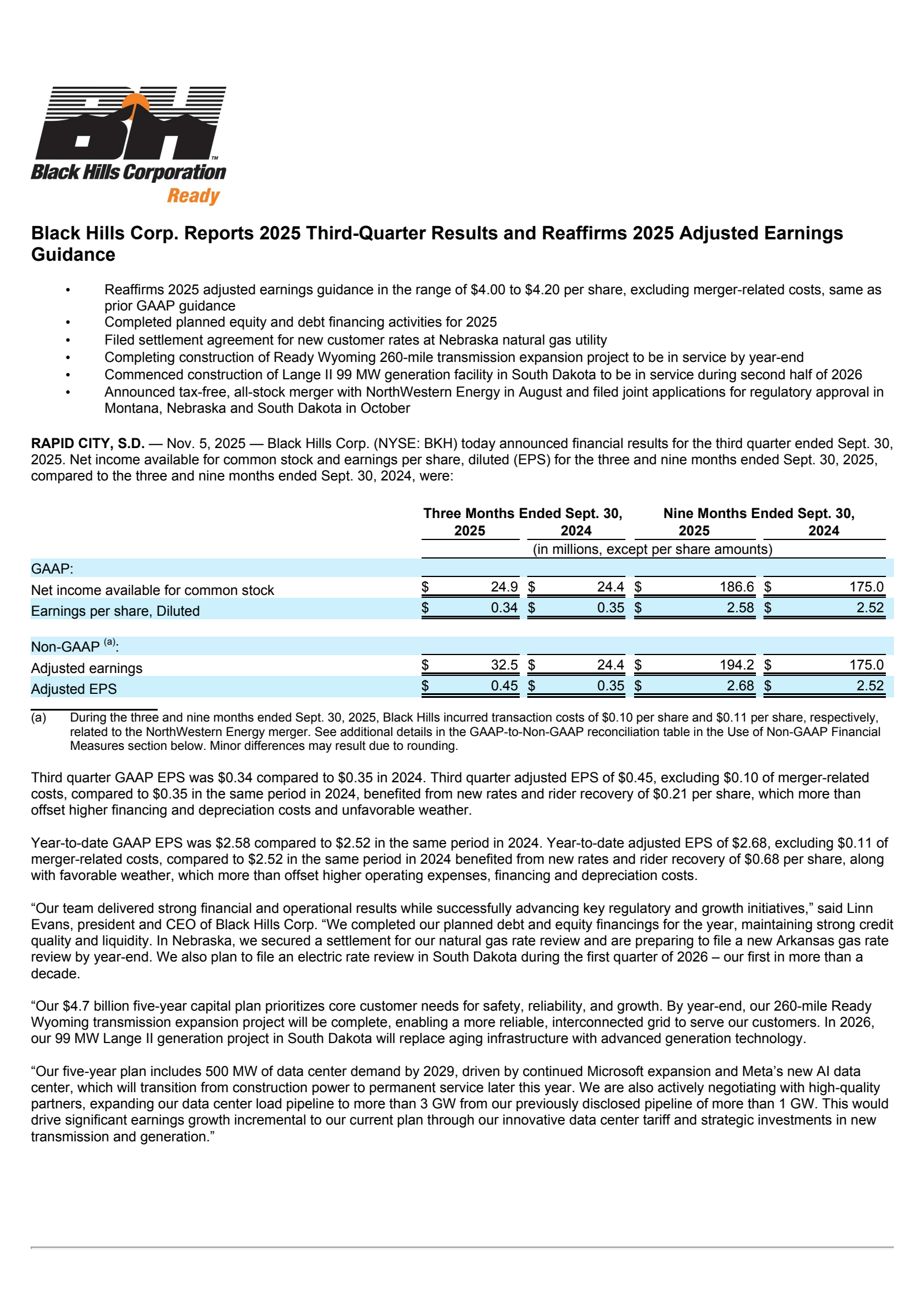 Black Hills' Q3 2025 Earnings Release