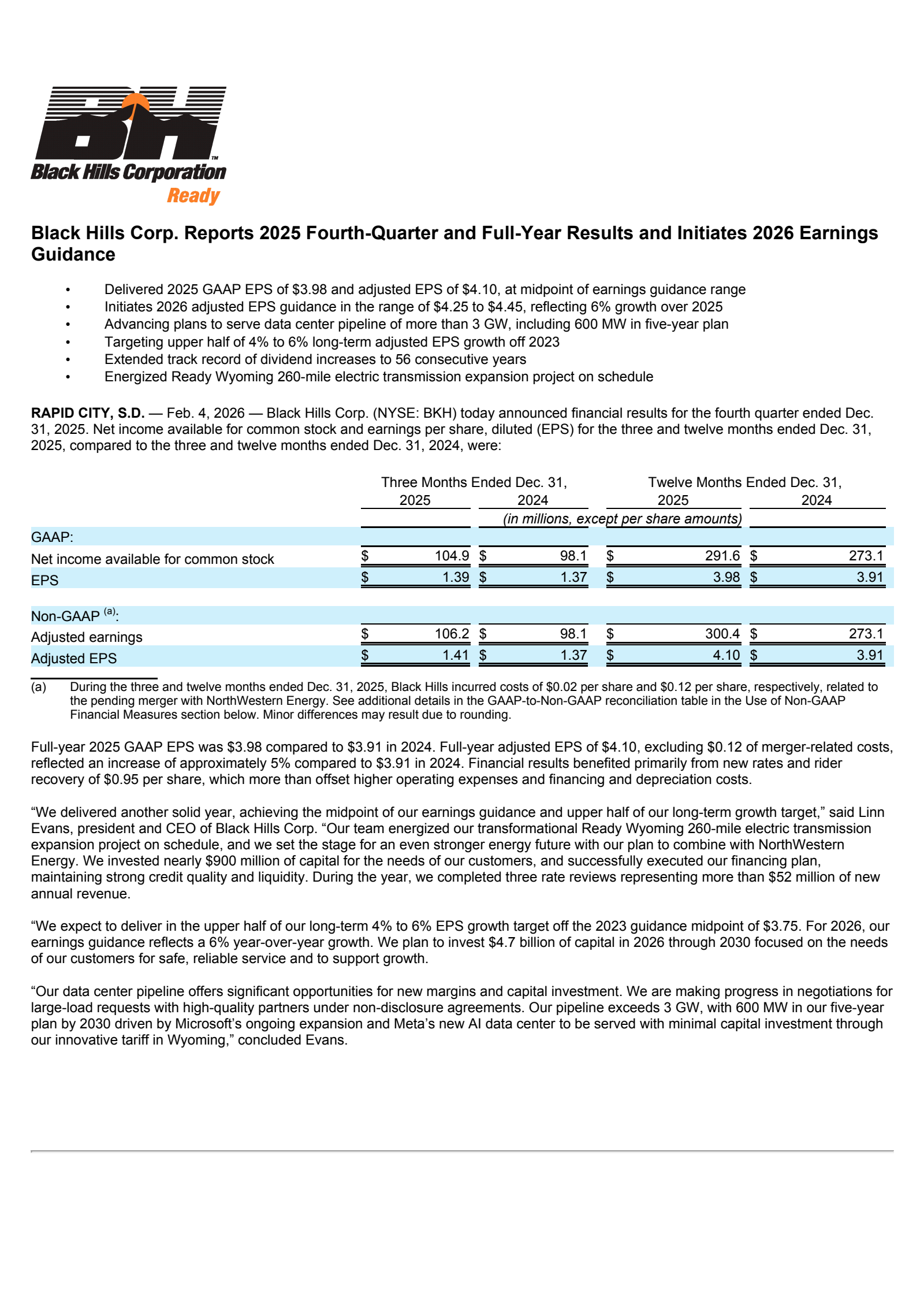 Black Hills' Q4 2025 Press Release