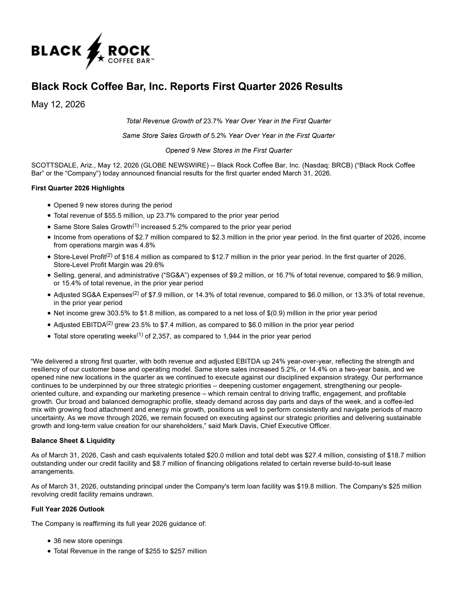 Black Rock Coffee Bar's Q1 2026 Press Release