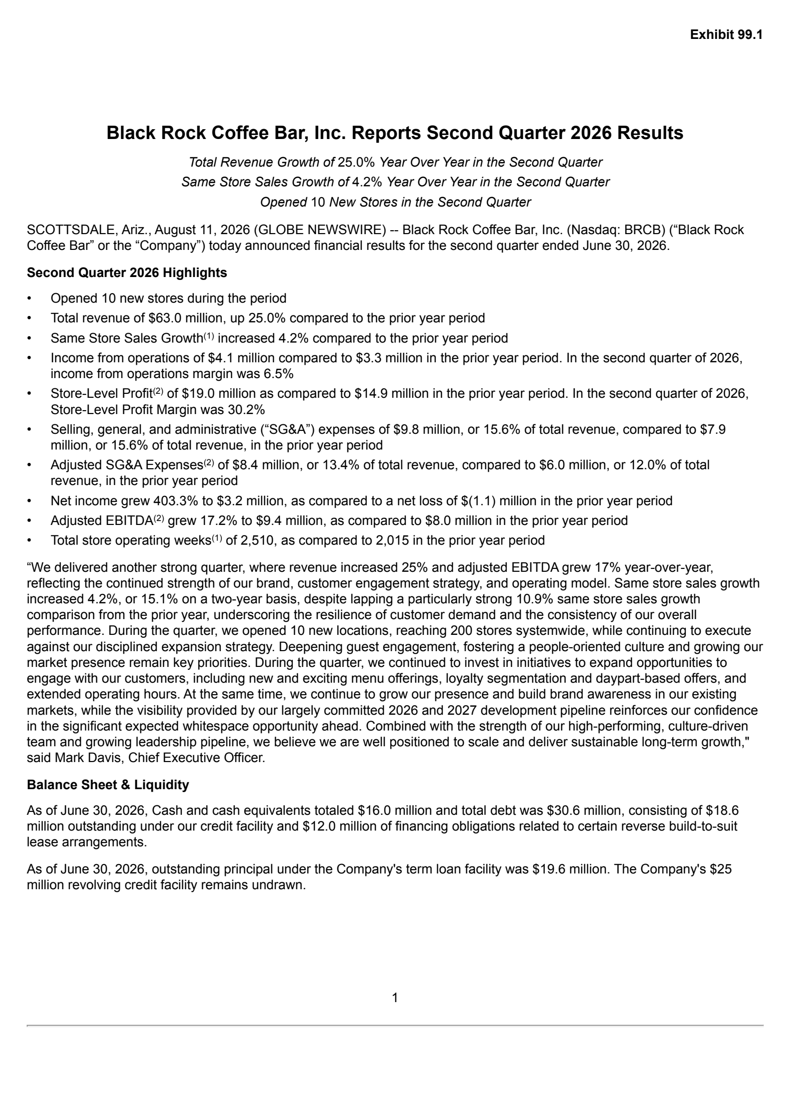 Black Rock Coffee Bar's Q2 2026 Press Release