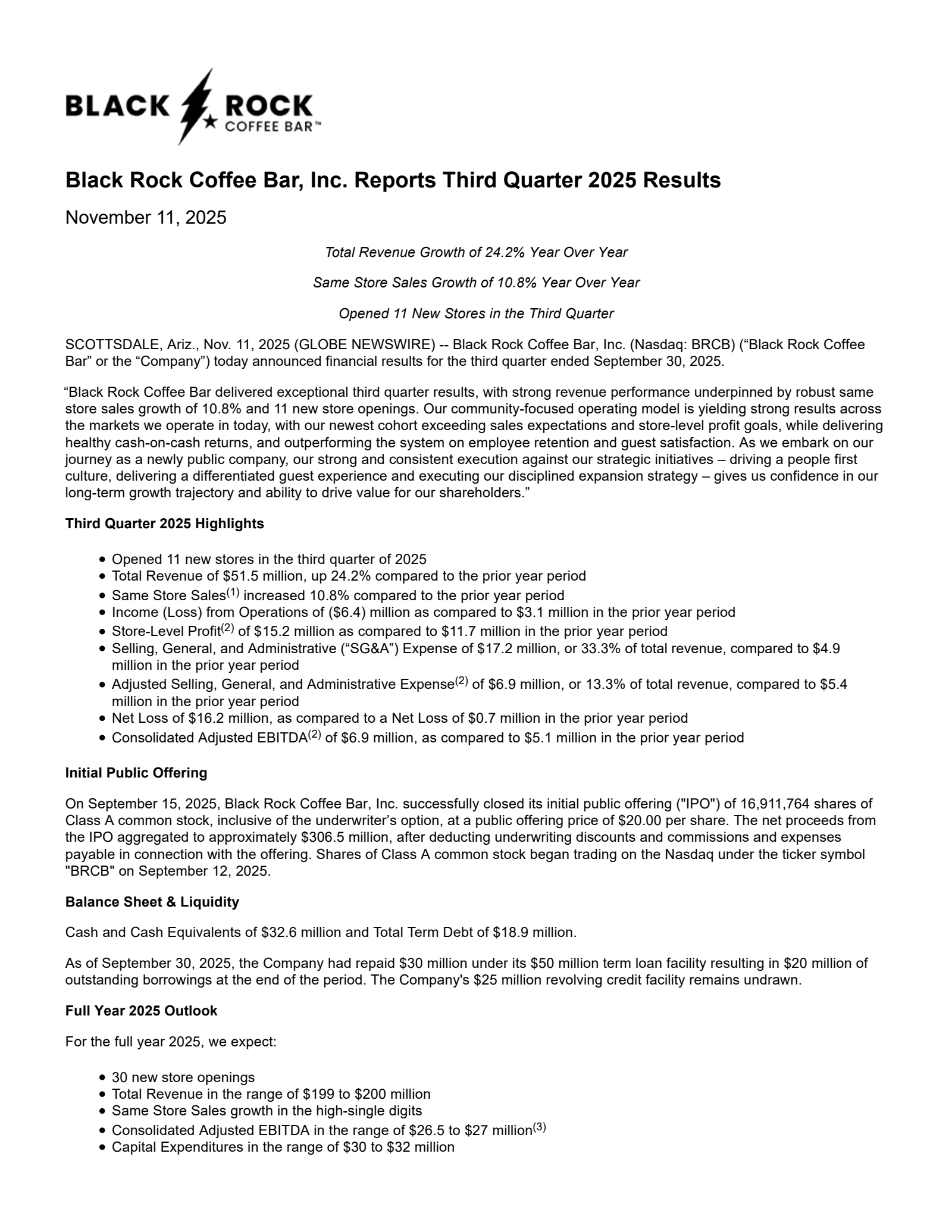 Black Rock Coffee Bar's Q3 2025 Earnings Release
