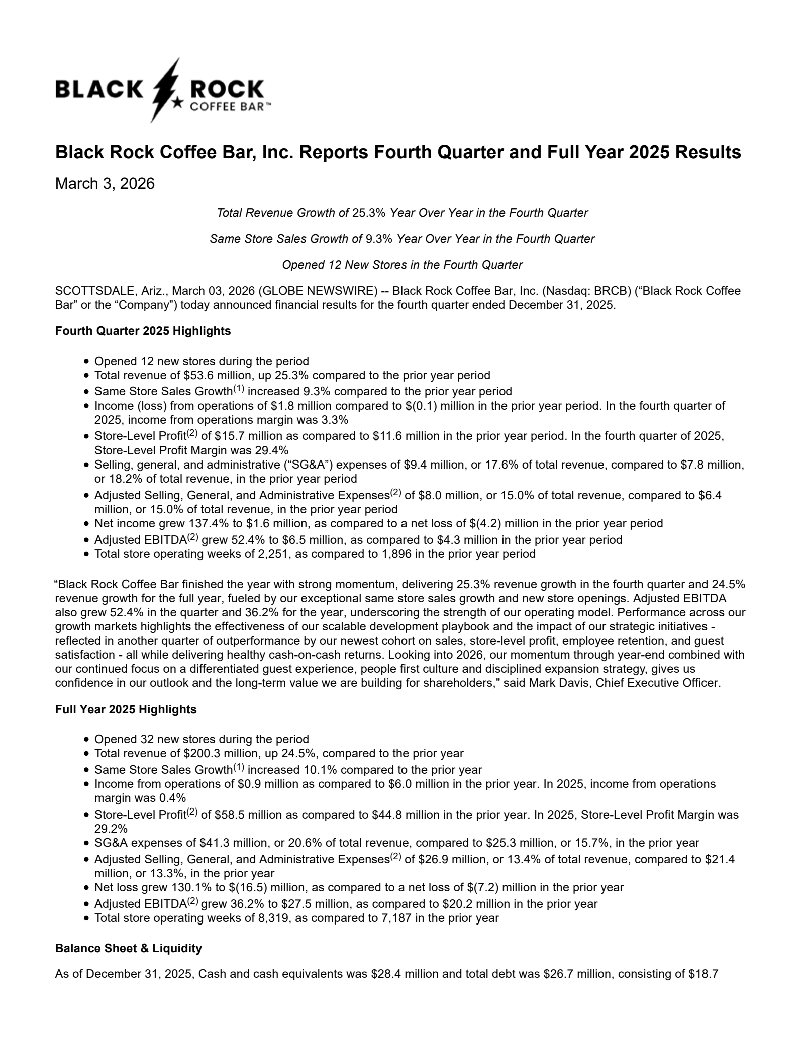 Black Rock Coffee Bar's Q4 2025 Press Release
