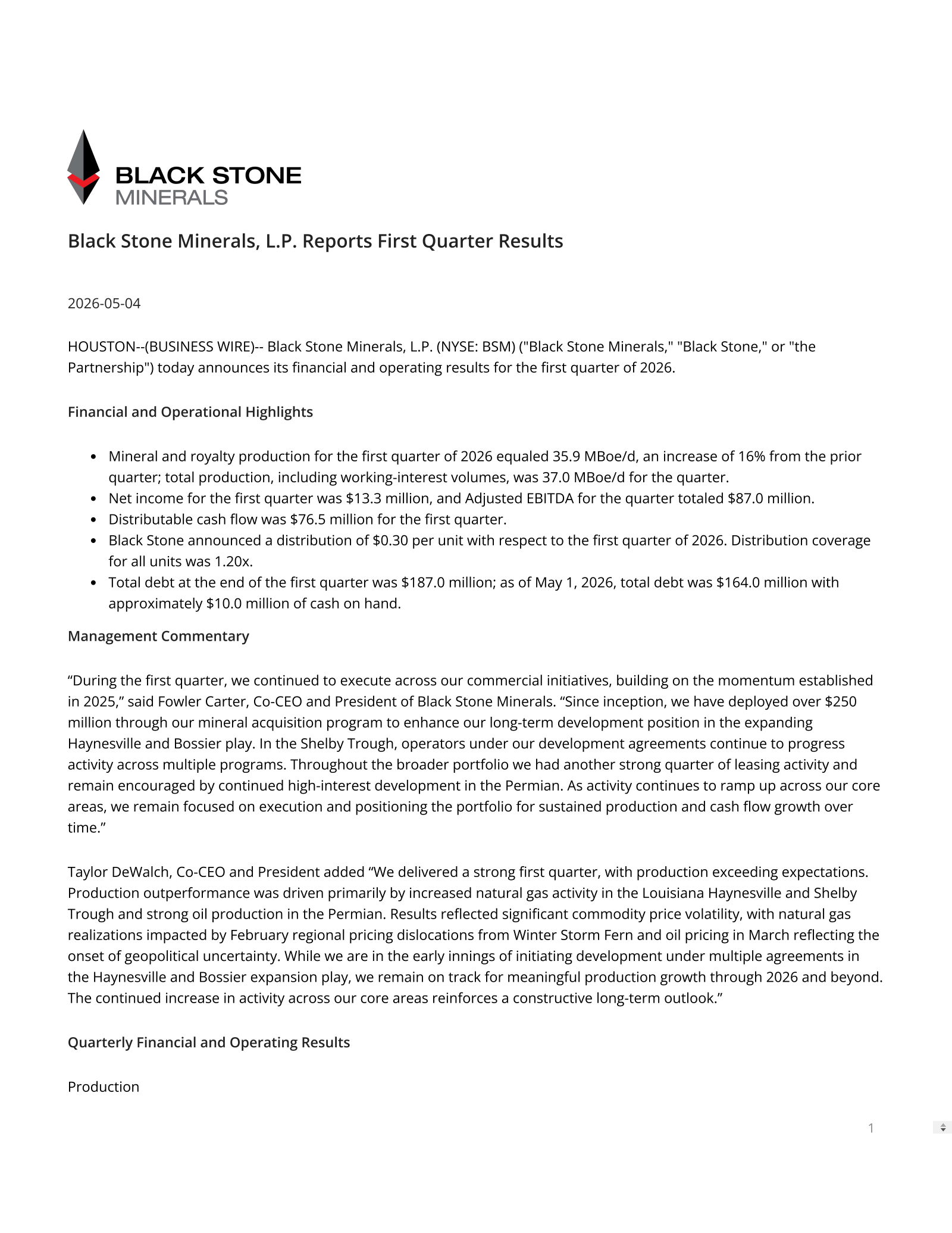 Black Stone Minerals' Q1 2026 Press Release