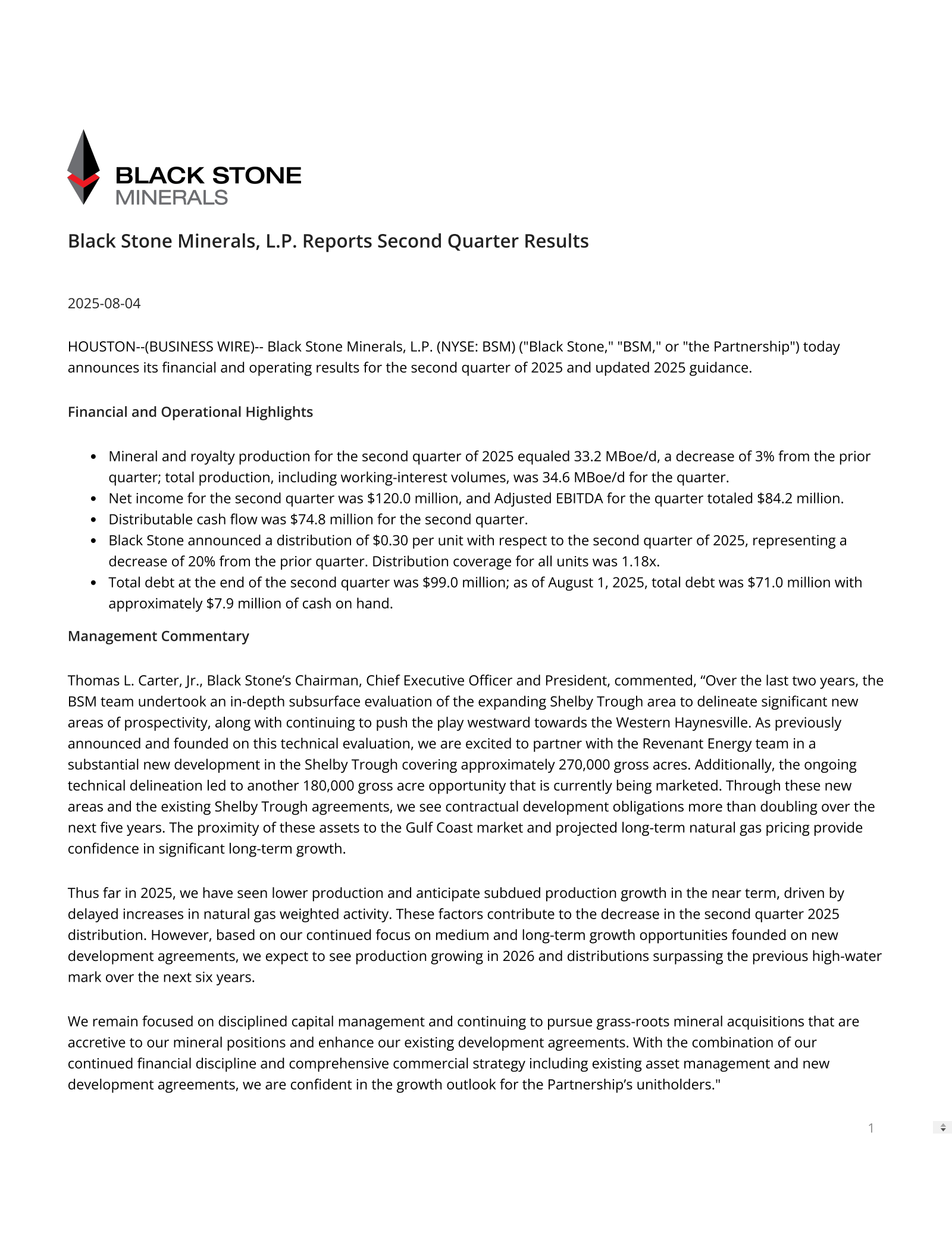Black Stone Minerals' Q2 2025 Press Release