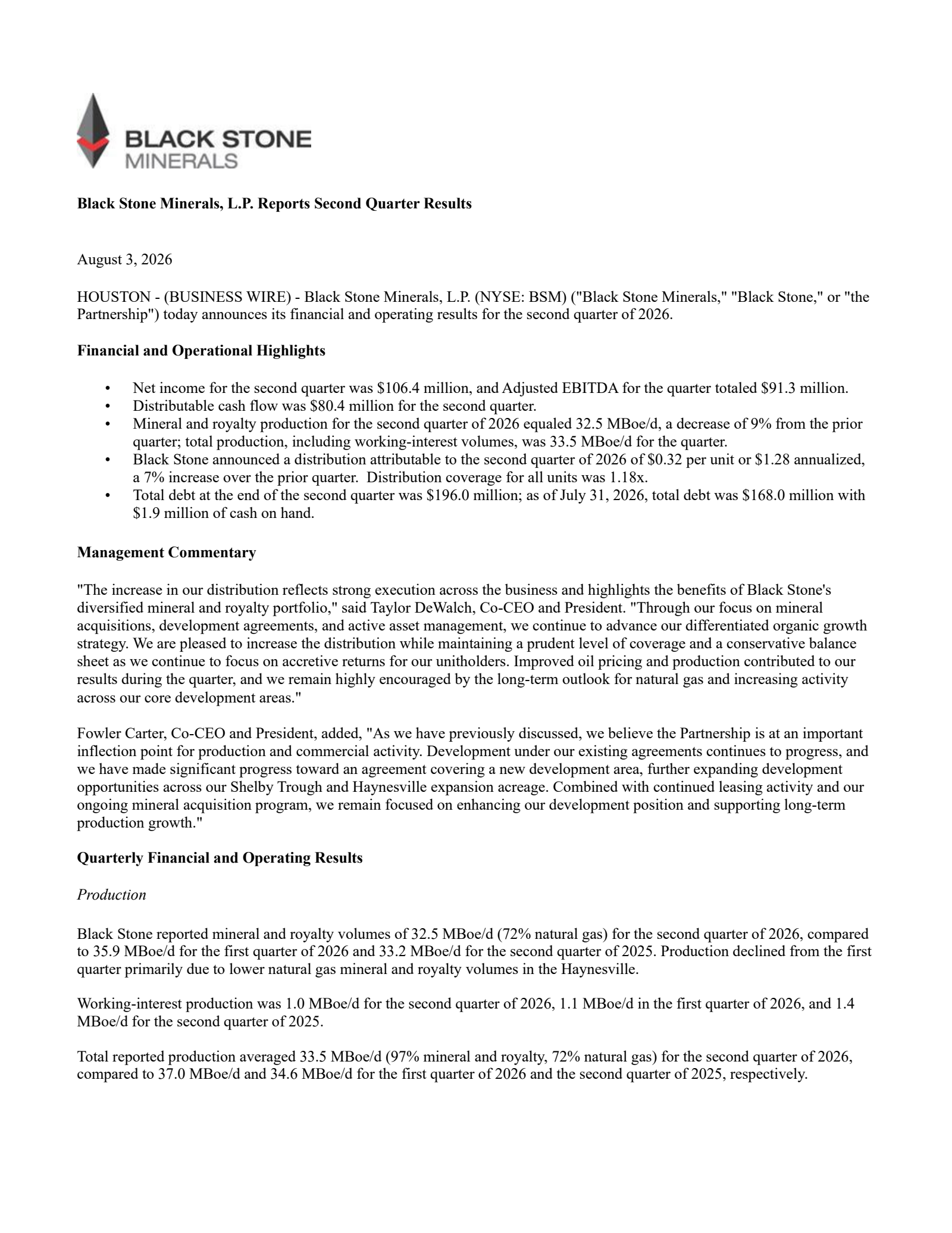 Black Stone Minerals' Q2 2026 Press Release