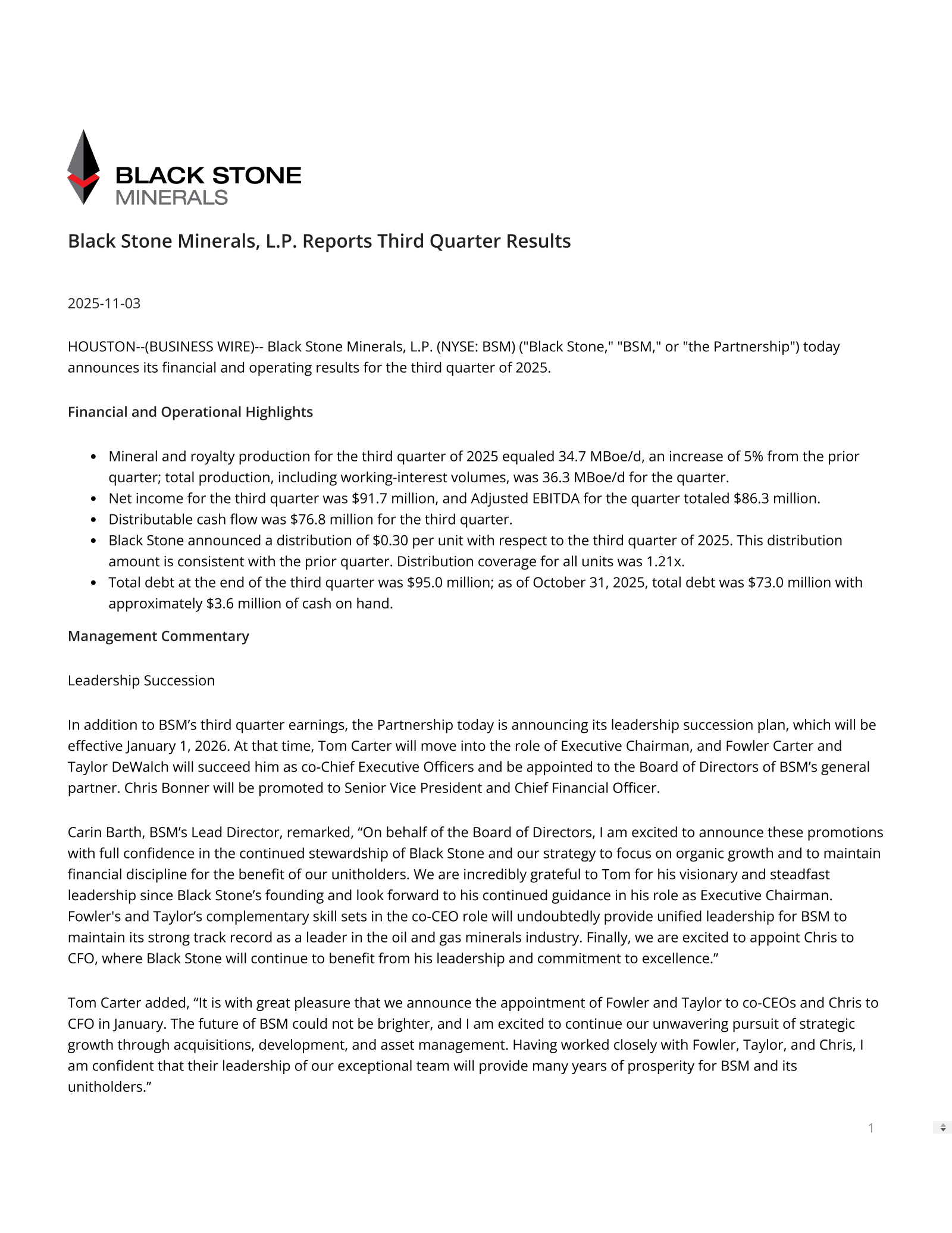 Black Stone Minerals' Q3 2025 Earnings Release